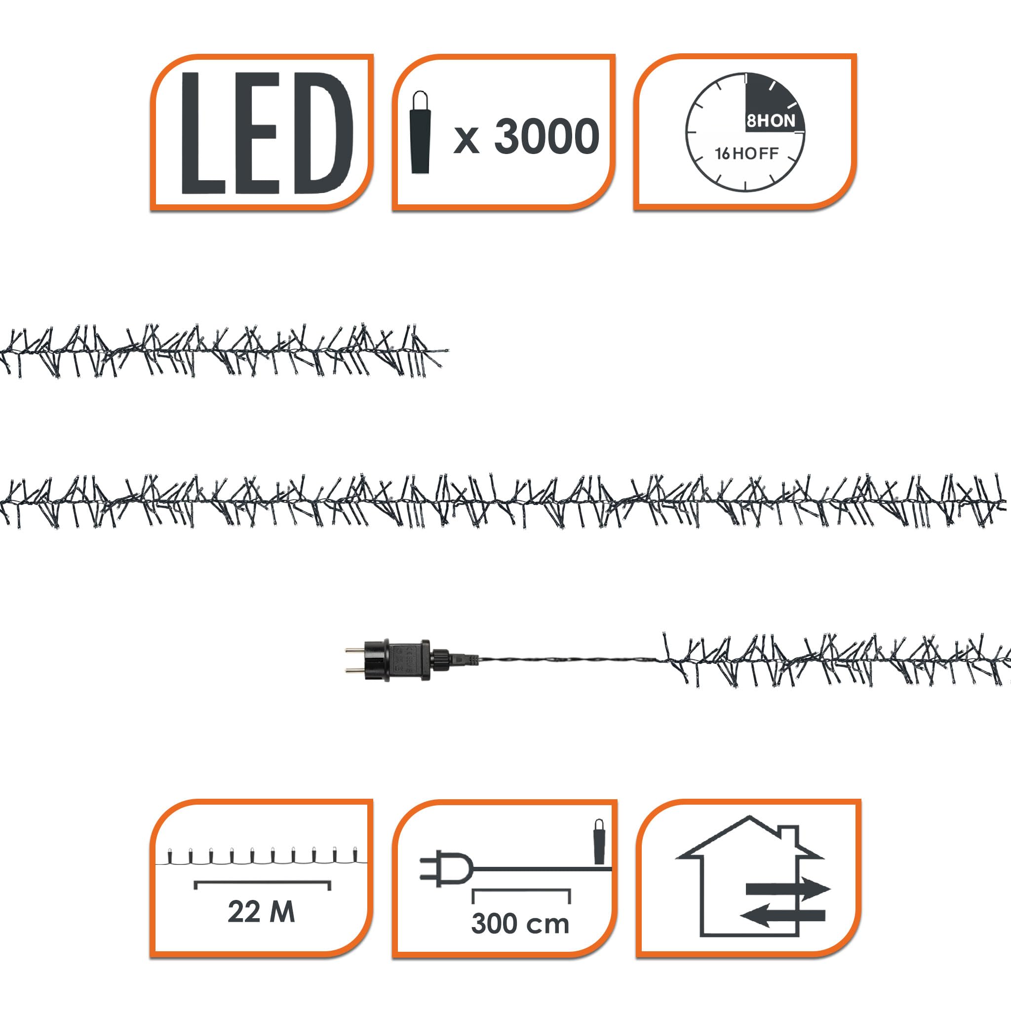 Catena luminosa a LED per albero di Natale, luce bianca calda, lunghezza 22 m, 3000 LED, con 8 funzioni, per interni ed esterni