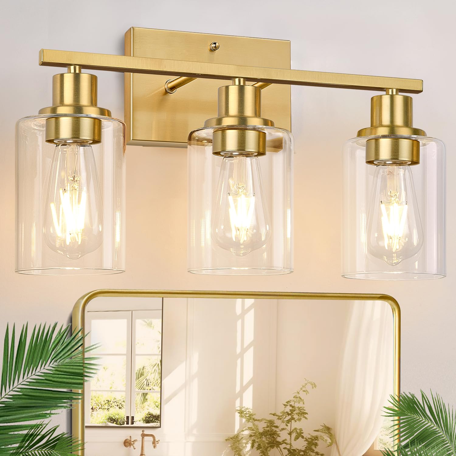 Photo 1 of Indoi 3-Light Vanity Wall Sconce, Brushed Gold with Clear Glass