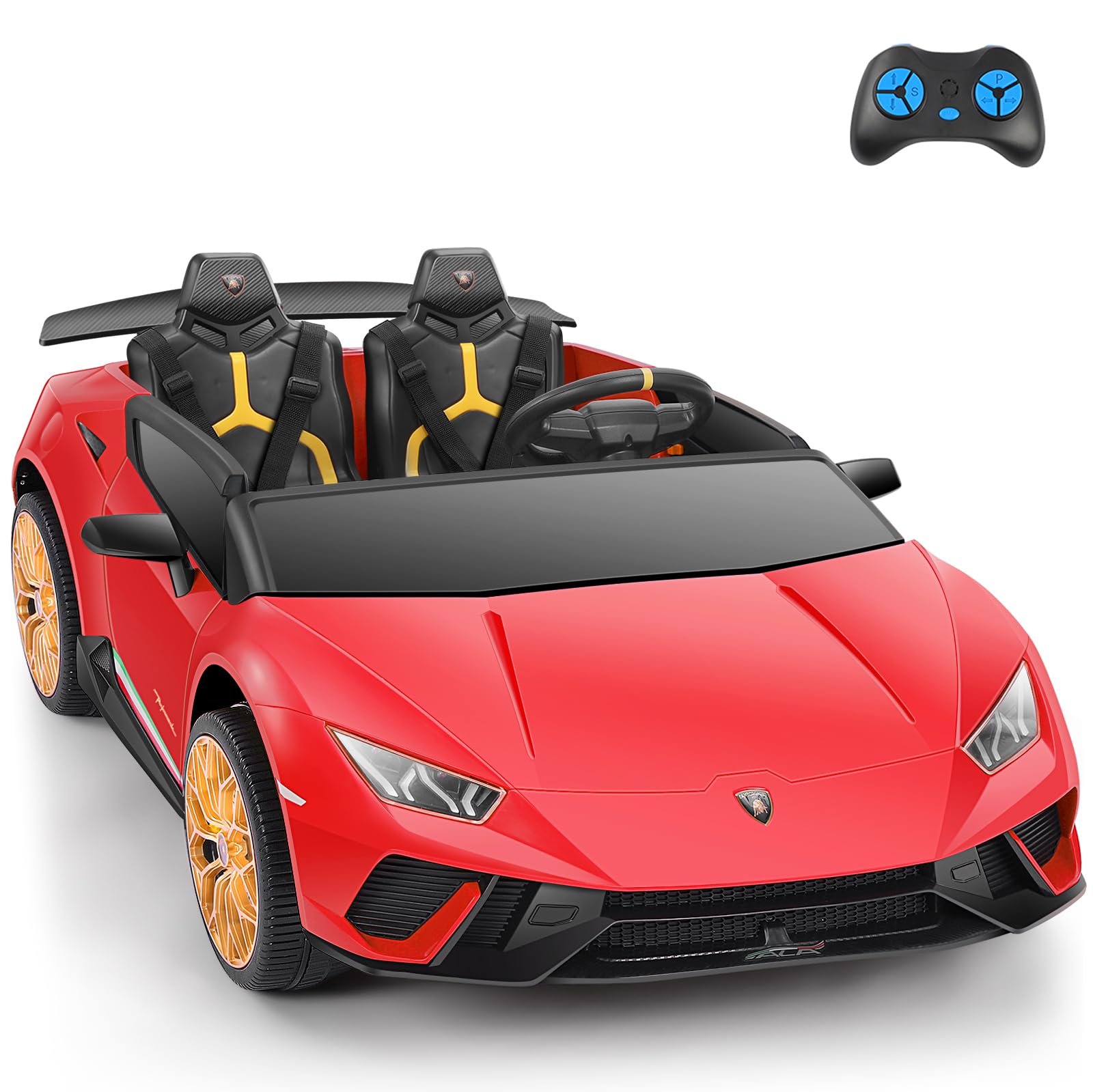 ELEMARA 2 Seater Ride on Car with Remote Control, XL Kids Lamborghini Electric Car, 12v Ride on Toys for Girls, Battery Car for Kids to Drive, Children's Car with 3 Speeds, MP3, LED Headlight, Red