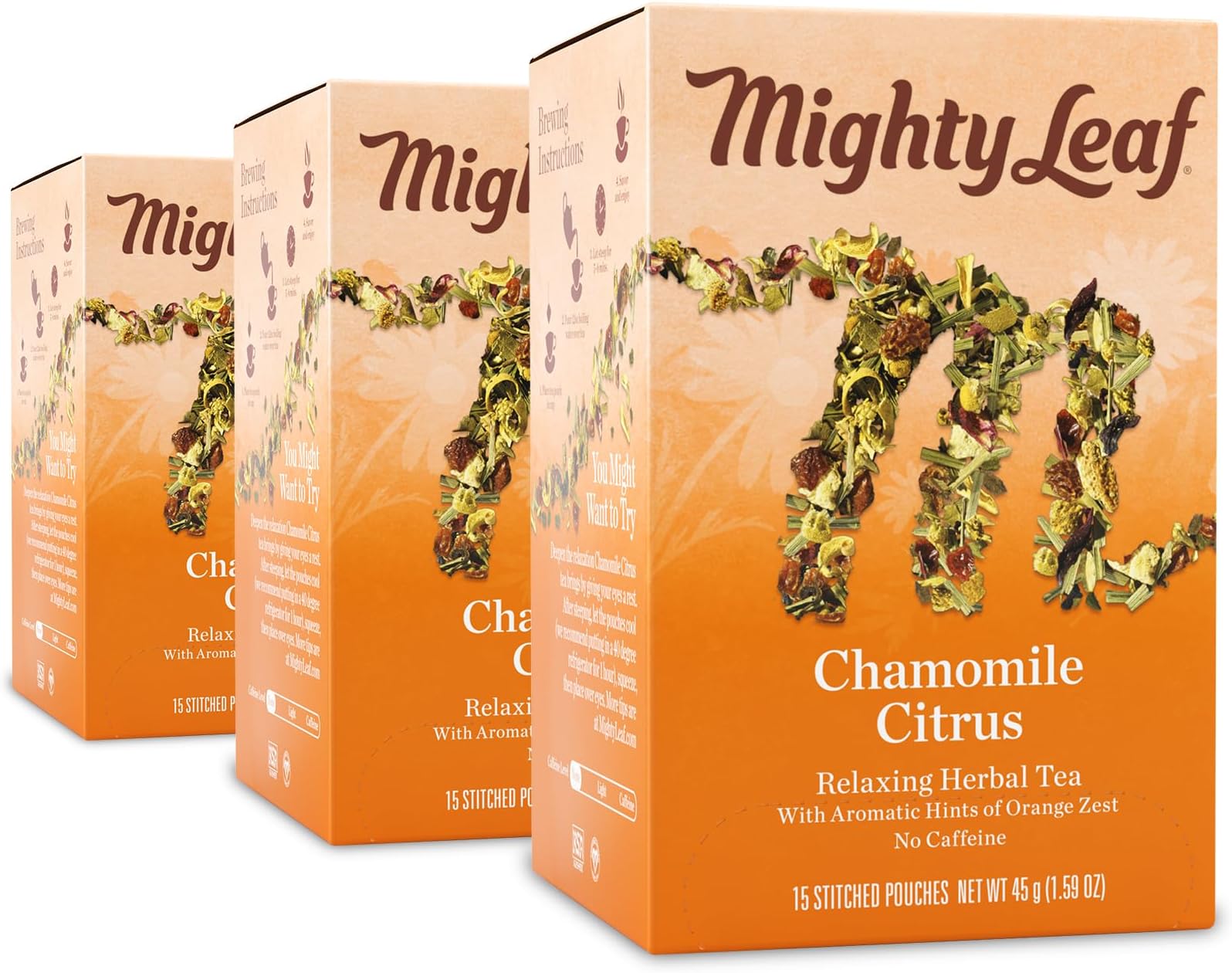 Chamomile Citrus Herbal Tea – 45 Count (3 Packs of 15) Whole Leaf Pyramid Tea Bags – Caffeine-Free Soothing Blend with Citrus & Floral Notes