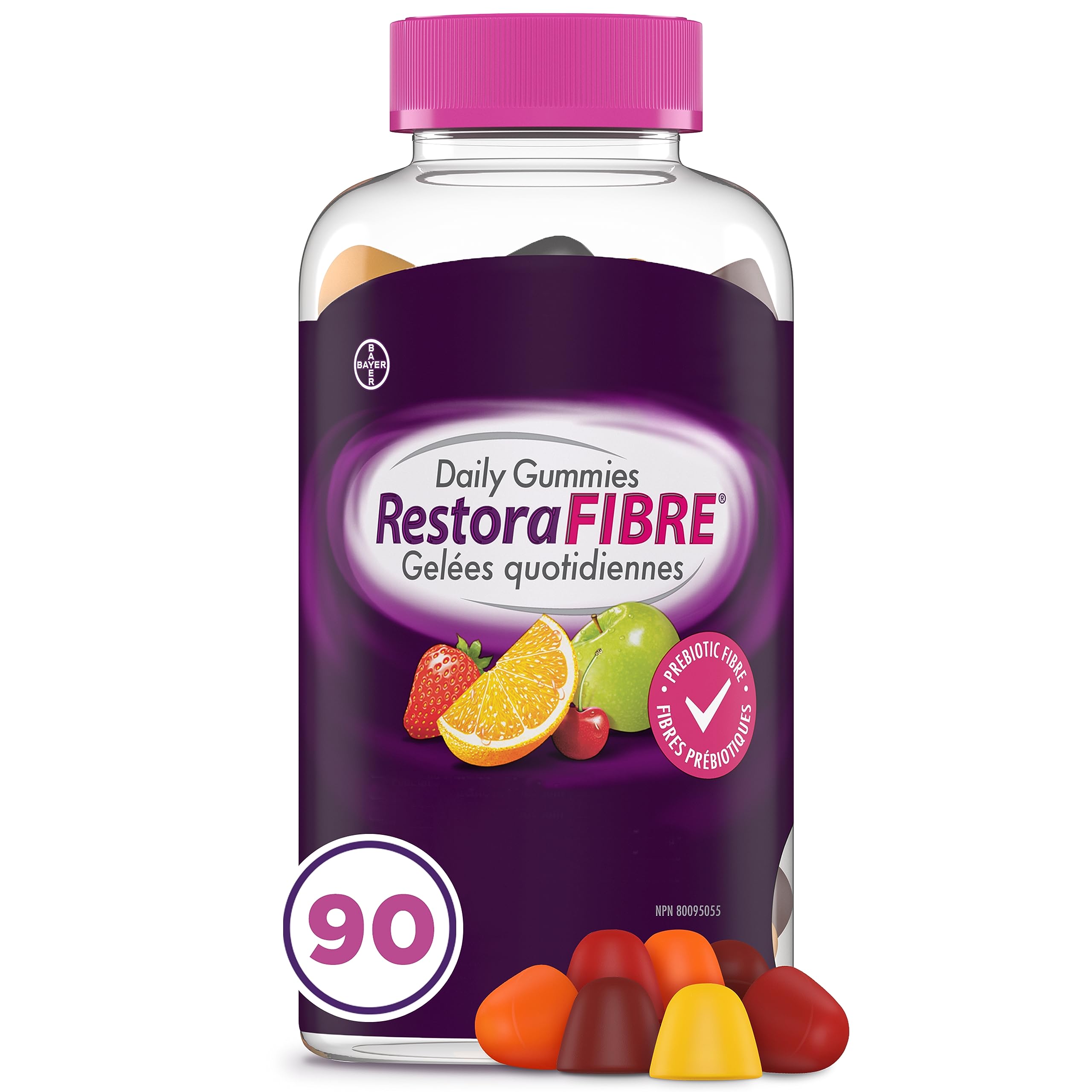 RestoraLAX RestoraFIBRE Daily Prebiotic Fibre Gummies bottle showing colourful fruit flavours.