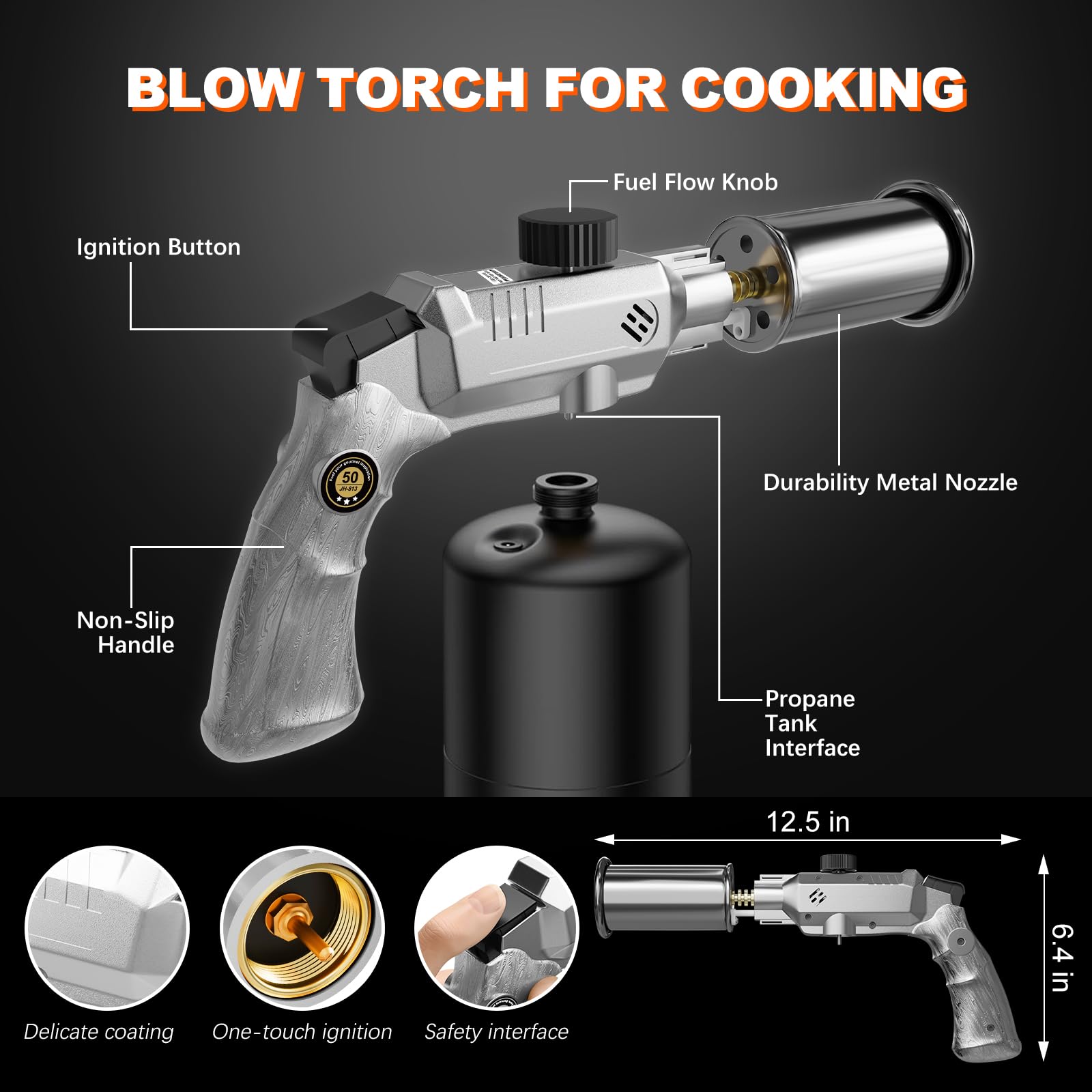 Pistola de propano ajustable para barbacoa y fogata | Acabado plateado, calor máximo de 1800 °C, encendido piezoeléctrico, fuego de un solo toque, gran regalo