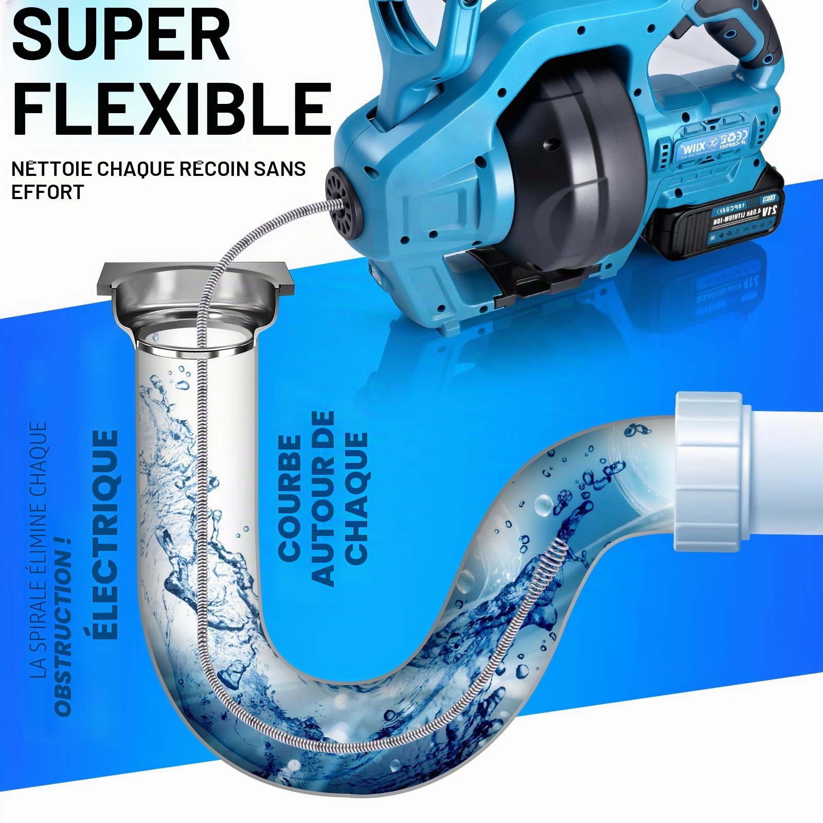 XIIW 20V Furet Déboucheur Canalisation avec 7,6m Spirale, 2 Batteries | Tarière Électrique Câble Flexible pour Débouchage/Nettoyage Tuyaux Ø19-85mm, Avant/Arrière, Chargeur Sac & Protections