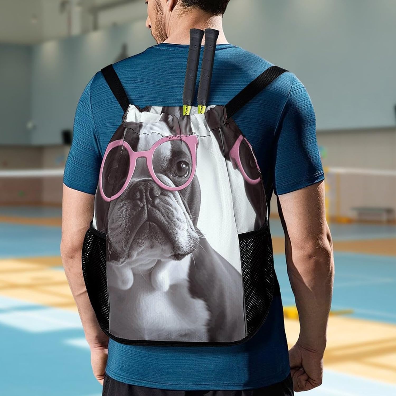 Sports Drawstring Backpack French Bulldog Pink Glasses Lightweight Backpack Dry And Wet Separation Large Capacity