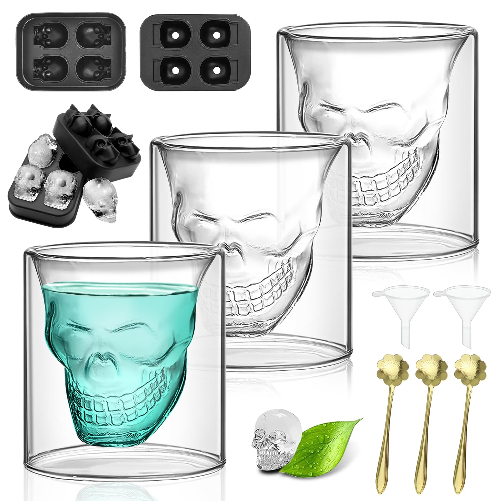 Set di 10 bicchieri da caffè a doppia parete, la confezione include 3 bicchieri con teschio, 2 stampi per cubetti di ghiaccio 3D, 3 cucchiai dorati cosmo, 2 imbuti