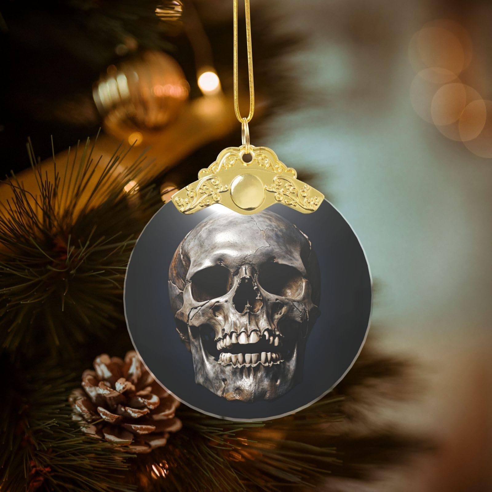 Crystal Christmas Ornaments for Christmas Tree Decoration Hanging Death Skull Ornament with Gold Ribbon Crafts Round Pendant for Keepsake Gifts Glass Xmas Decor Party Supplies