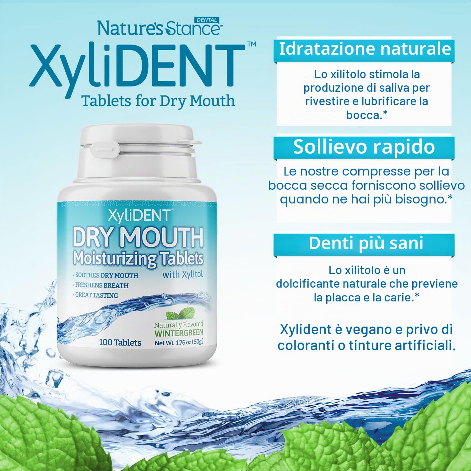 XyliDENT compresse di xilitolo per sollievo dalla bocca secca, verde inverno, 100 pezzi | Stimola la saliva, rinfresca l'alito, riduce la produzione di acido, sollievo ad azione rapida