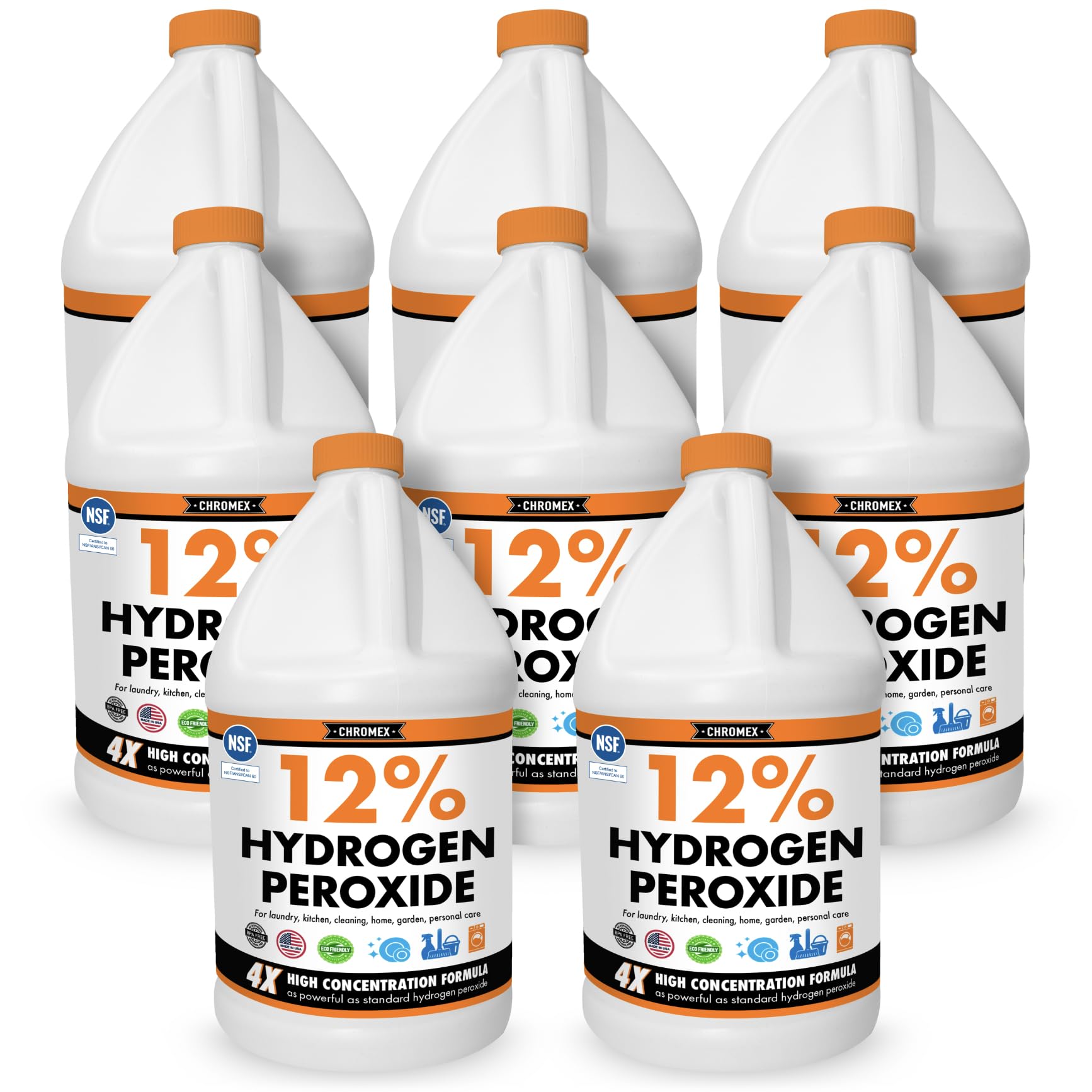 Hydrogen Peroxide 12 Percent Food Grade, 4X Power Concentrated Solution, Versatile Uses Include Topical Care, Home, Kitchen, Bath Cleaner, Laundry, Whitening, 8 Gallons