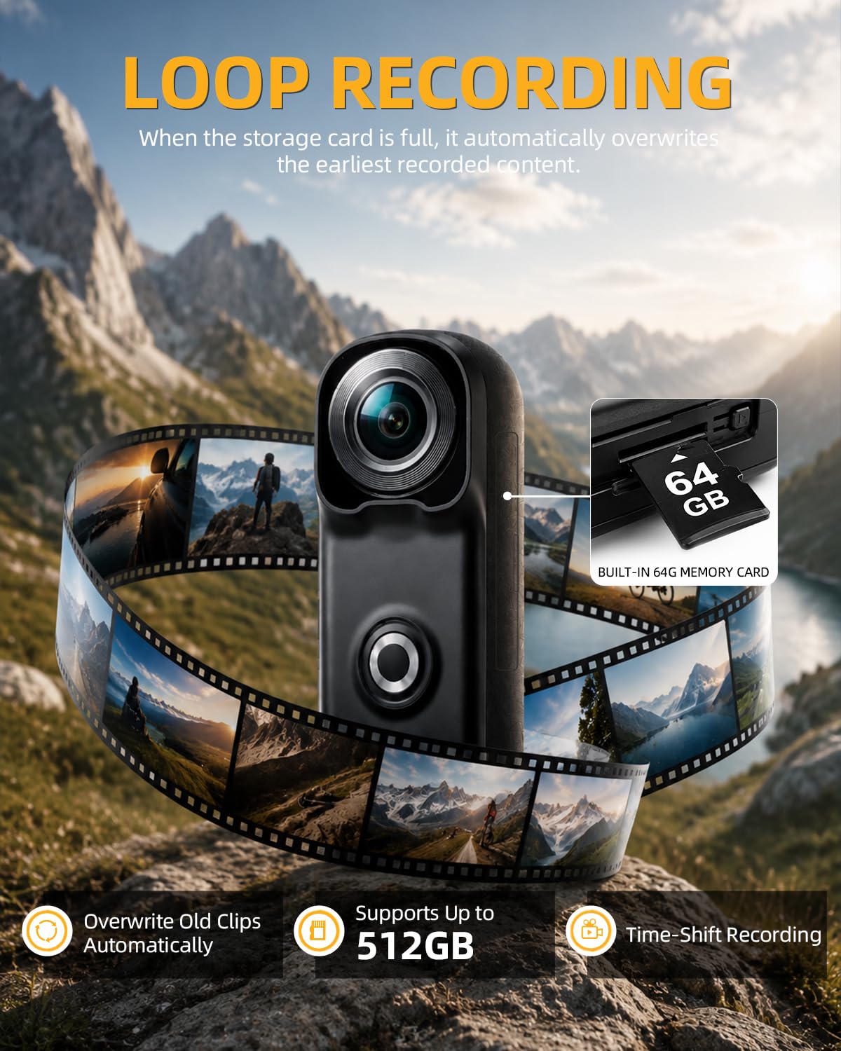 Mini caméra d'action 4K avec Carte SD de 64 Go, caméra corporelle magnétique POV avec Wi-FI
