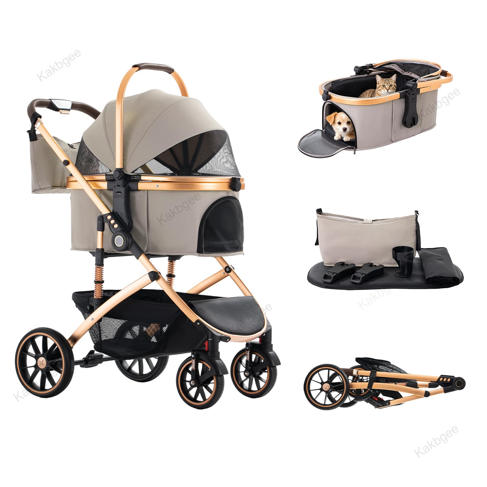 Kakbgee Foldable Dog Stroller, Pet Pram for Small Medium Dogs Cats, One-Click Folding Buggy, Detachable Carrier with Mesh Window, Washable Pad, Safety Leash, 9" PU Wheels, One-Foot Brake, 22KG, Khaki