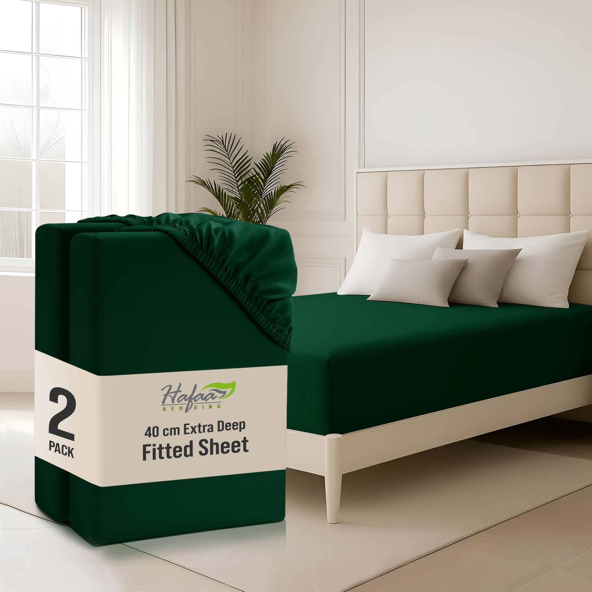 Hafaa Double Fitted Sheet 2 Pack 40Cm Deep Pocket 16 Inch Emerald Bed Sheets Hotel Quality Soft Brushed Microfiber Fabric Breathable Shrinkage Fade Resistant Bedsheet โ image 1