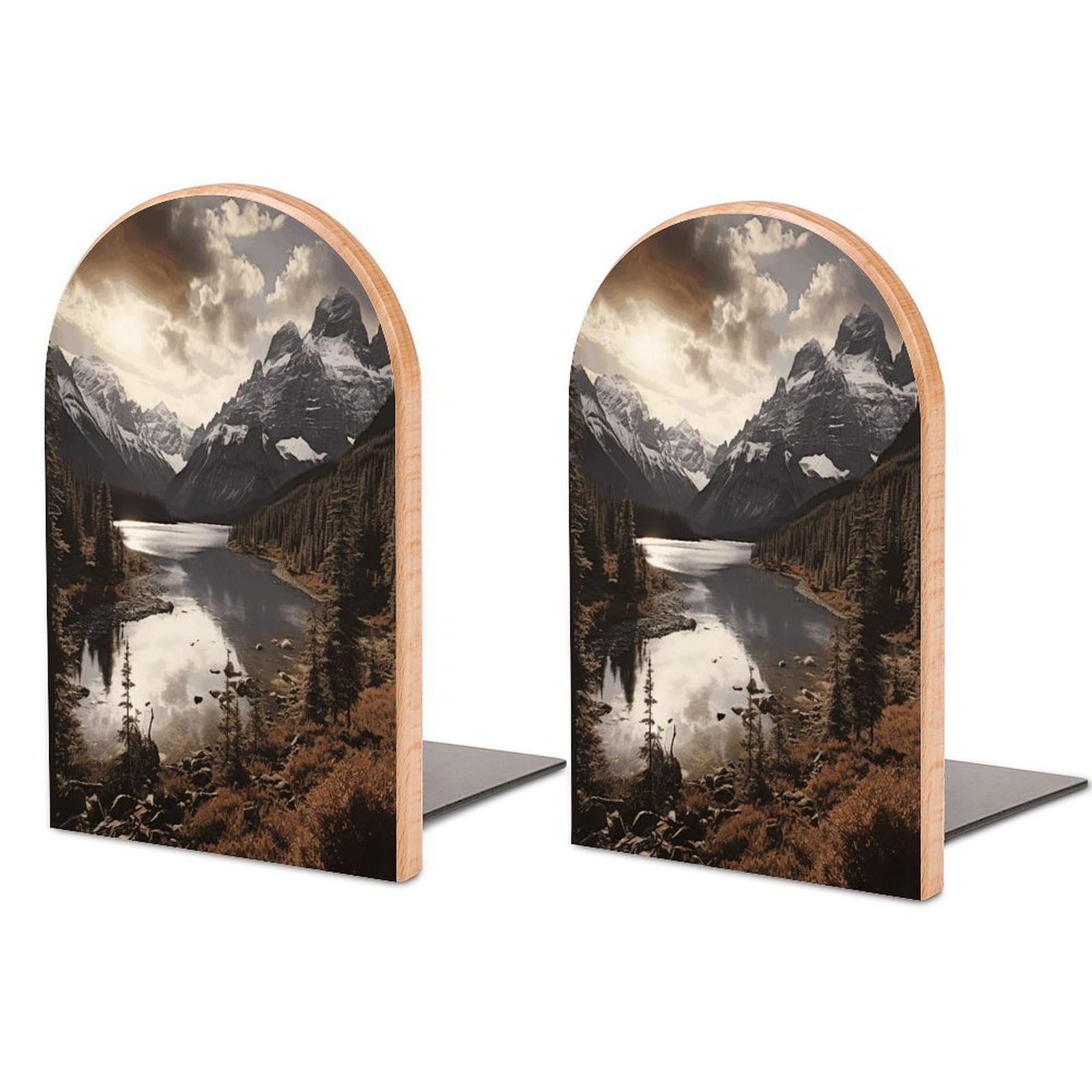 Landscape Bookend Non-Skid Wooden Bookends for Shelves Heavy Duty Wood Book Ends Decorative Book Stopper Book Stand Non-Slip Book Organizer for Home Office Library