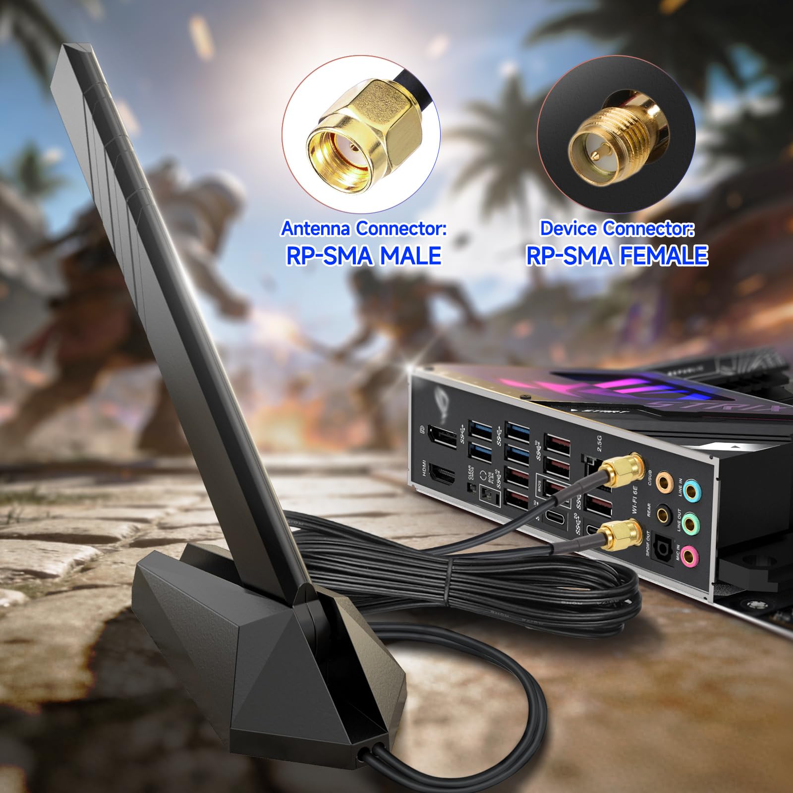 Eightwood Antenne WiFi 7 2,4 GHz 5 GHz 6 GHz WLAN 6E Antenne Tri-Bande WiFi Base magnétique avec câble d'extension de 2 m pour Bluetooth PC Carte mère WLAN Cartes PCI Carte WiFi Routeur