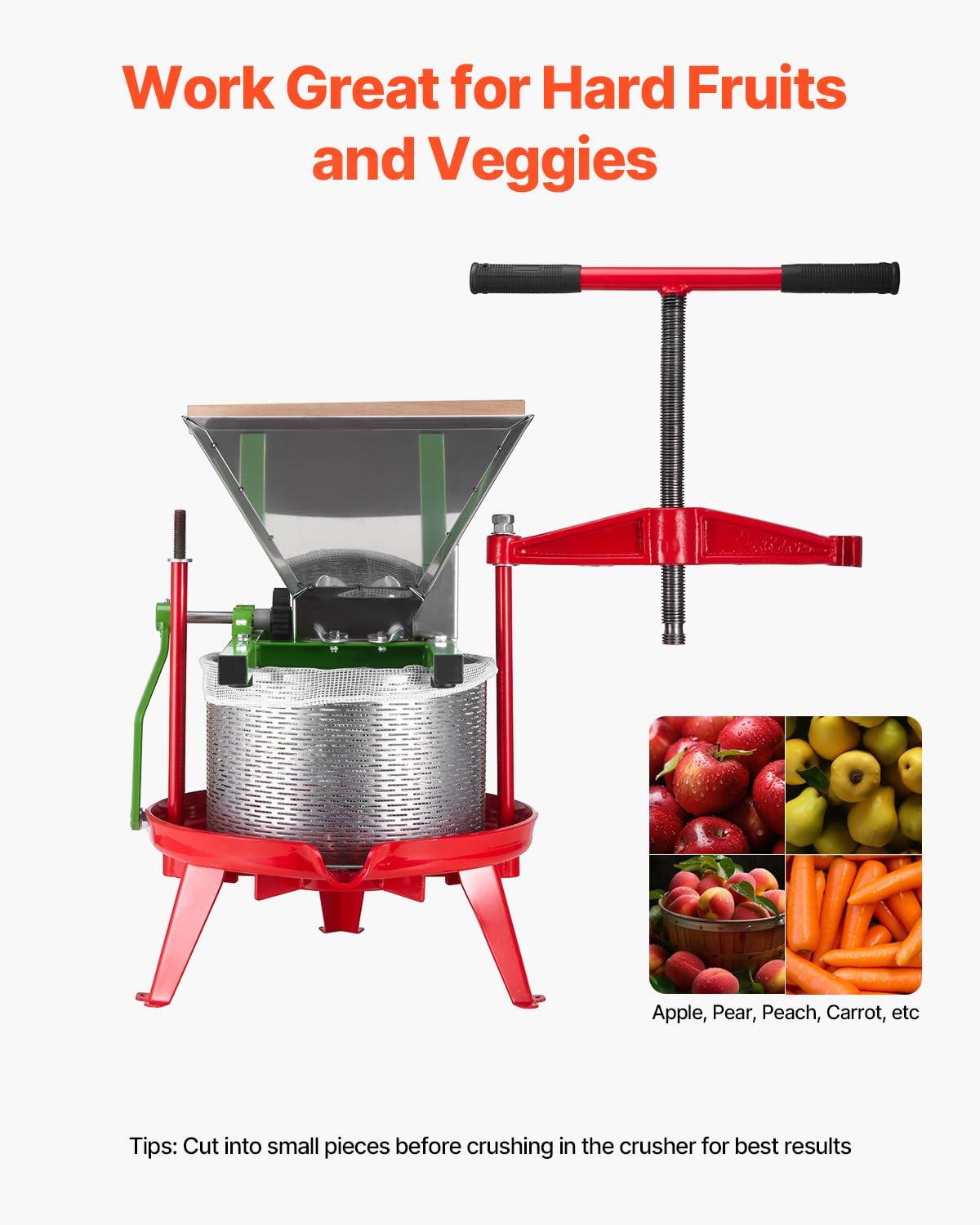 VEVOR Triturador de Frutas y Manzanas 7 L, Molinillo Manual Grande, Raspador de Frutas Acero Inoxidable para Prensar Vino, Sidra, Manzanas y Uvas, con Mango de Rodillo, Verde, 570 x 510 x 260 mm
