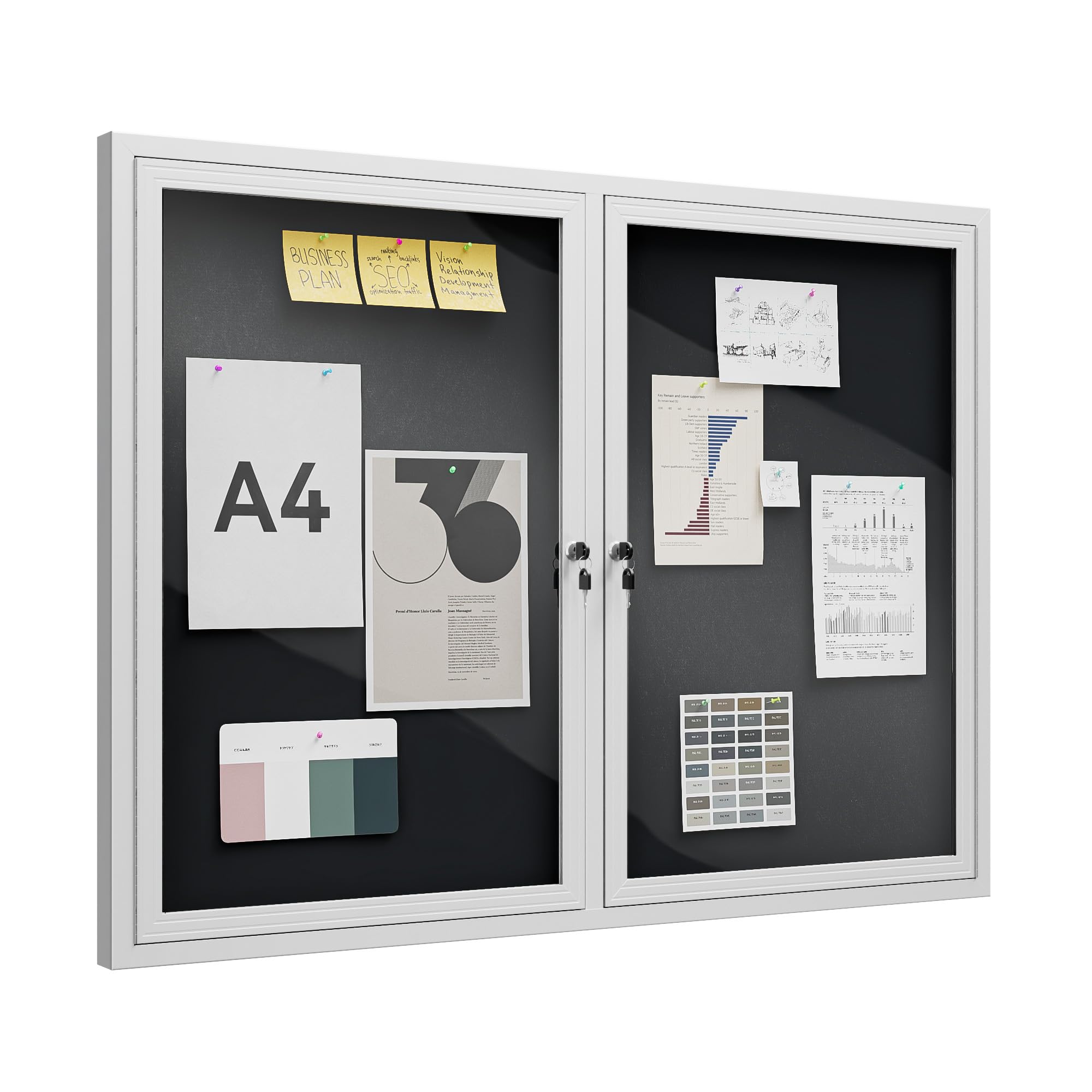 Photo 1 of Phelorata 48"x36" Lockable Enclosed Bulletin Board, Outdoor Flet Weather-Resistant Aluminum Frame Notice Board, Wall Mounted Display Case Acrylic Doors for School,Office,Silver Frame w/Black Flet