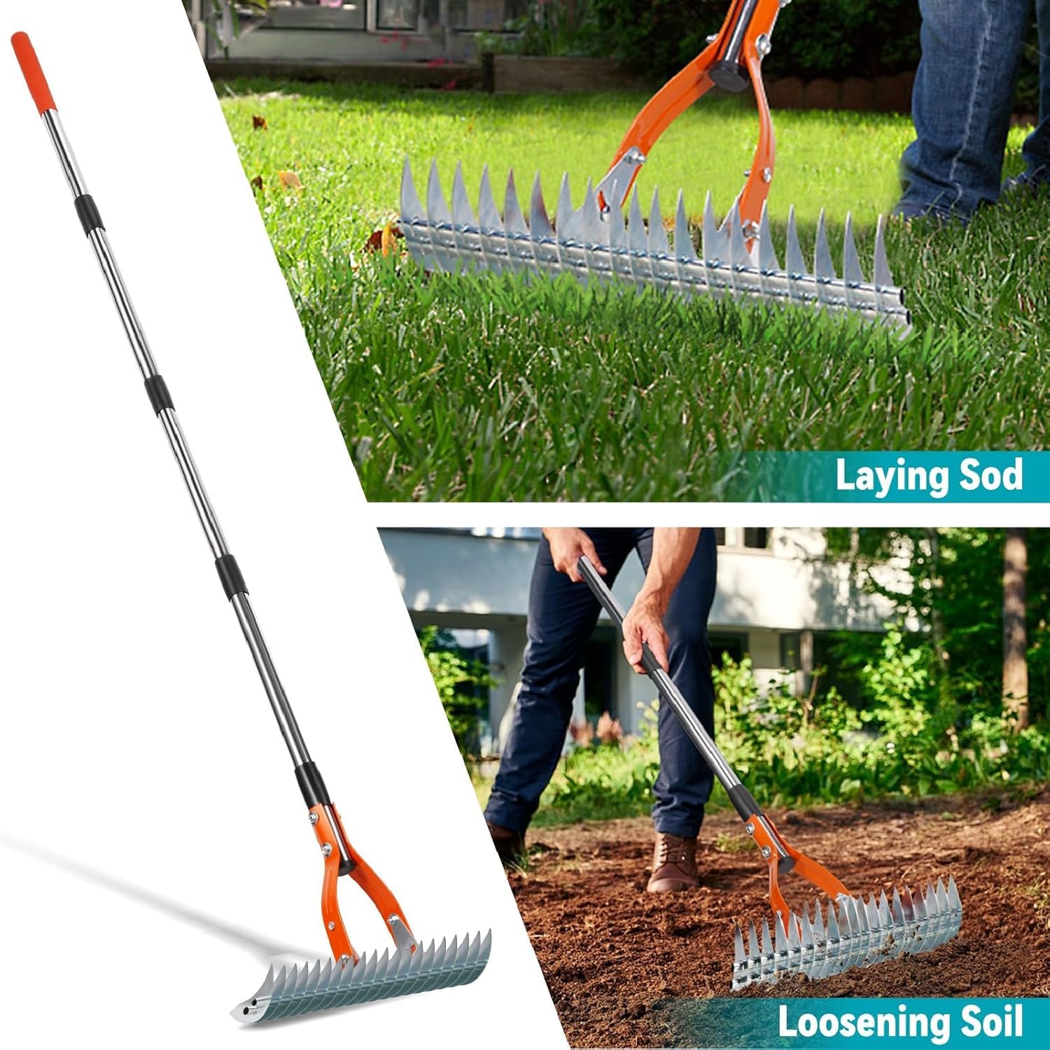 Gartenrechen Vertikutier-Rechen für den Rasen, mit Verstellbarem Stiel, Robuster Rasenrechen Rasenpflege Werkzeug für Sauberes Rasenfilz & Laub