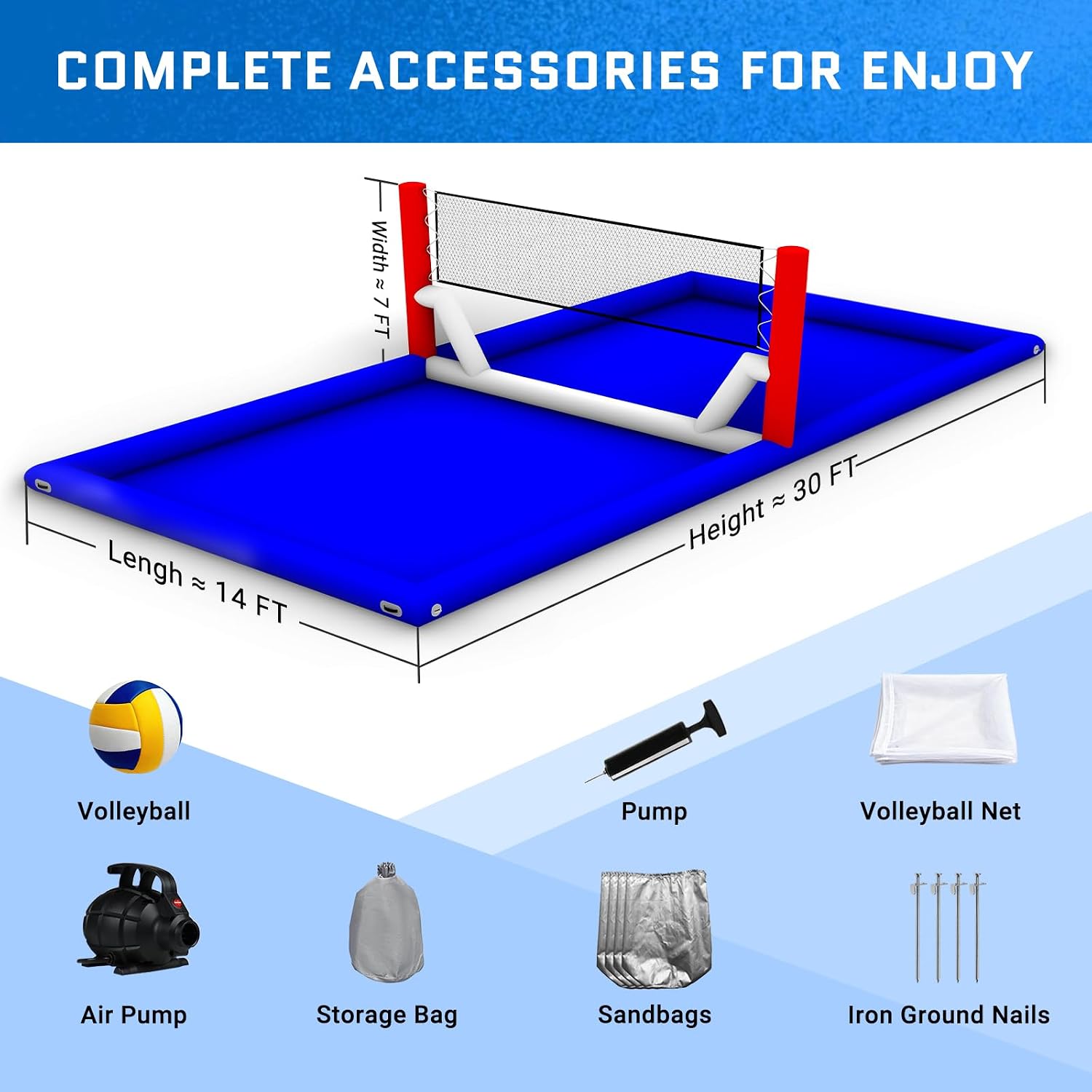 OZIS 30Ft Inflatable Volleyball Pool Court with Air Pump & Volleyball, Commercial Grade PVC Volleyball Pool Field No Need Power Supply Continuous, Outdoor Yard Beach Sports Water Park Game for Family