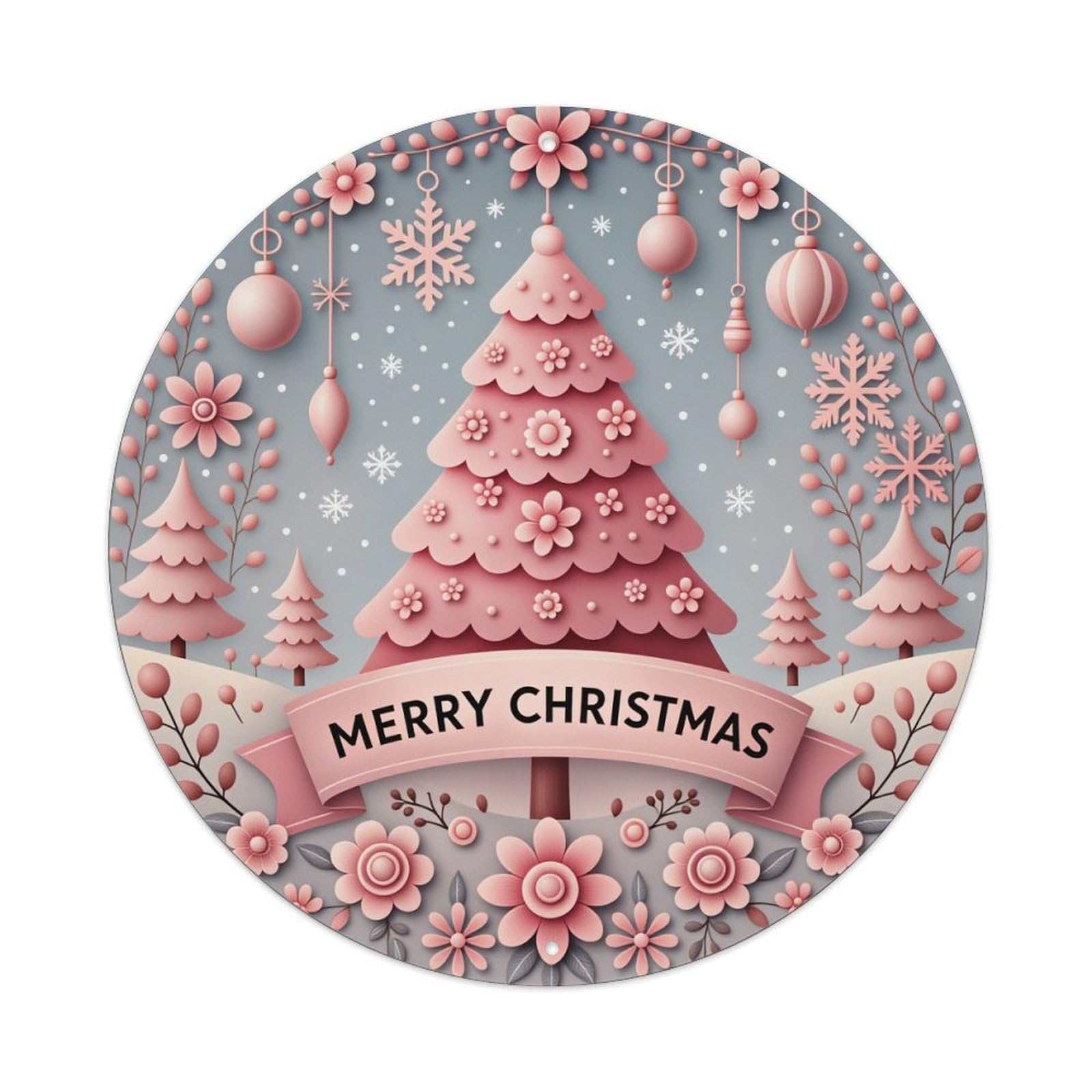 Pink Christmas Tree Snowflakes Ornaments Round Tin Sign Vintage Style Metal Sign Home Bar Garden Wall Plaque Decor Metal Poster 8x8 Inch