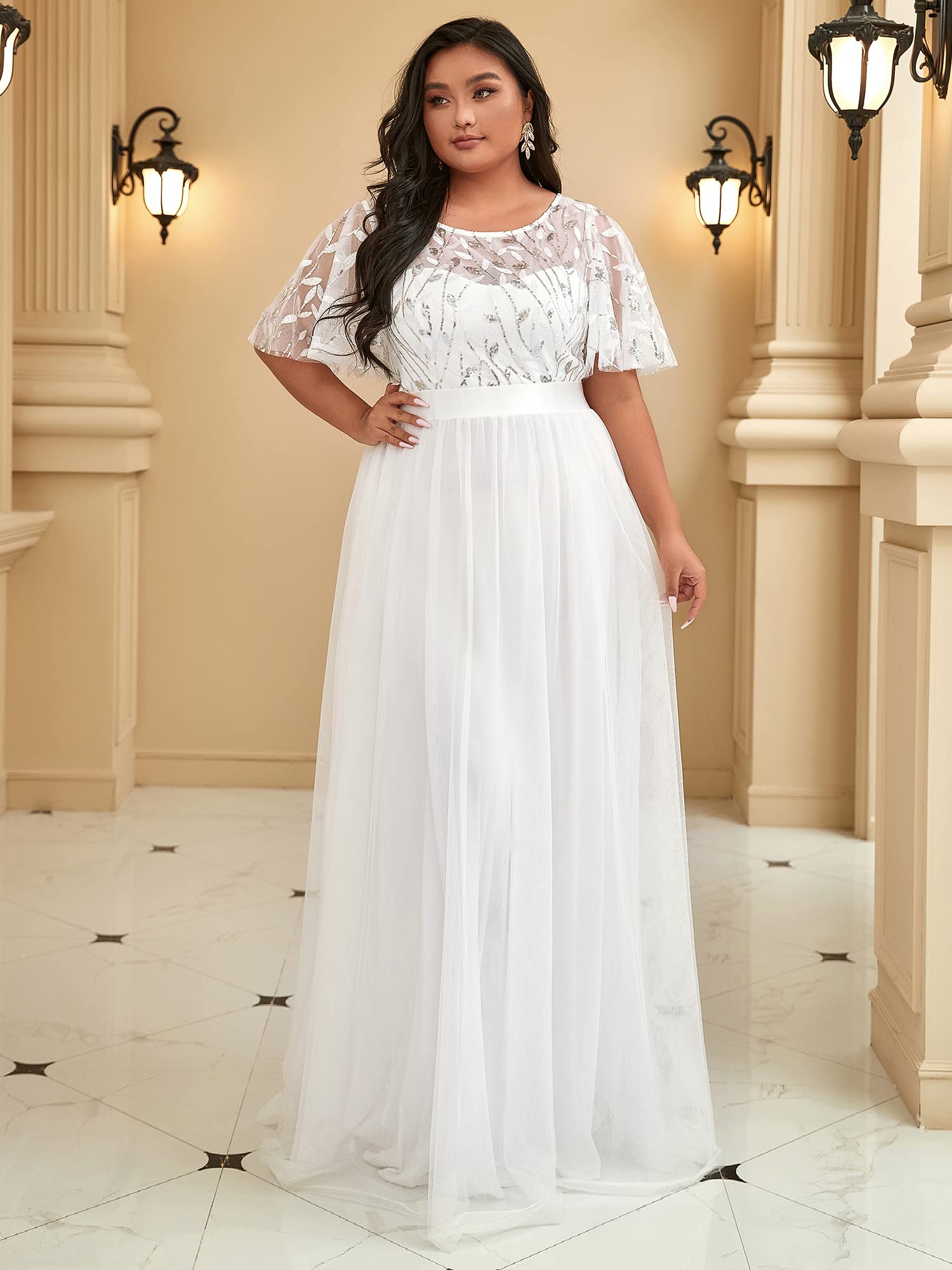 Ever-Pretty Corte Imperio Vestido de Fiesta A-línea Tul Cuello Redondo Manga Corta para Mujer 00904