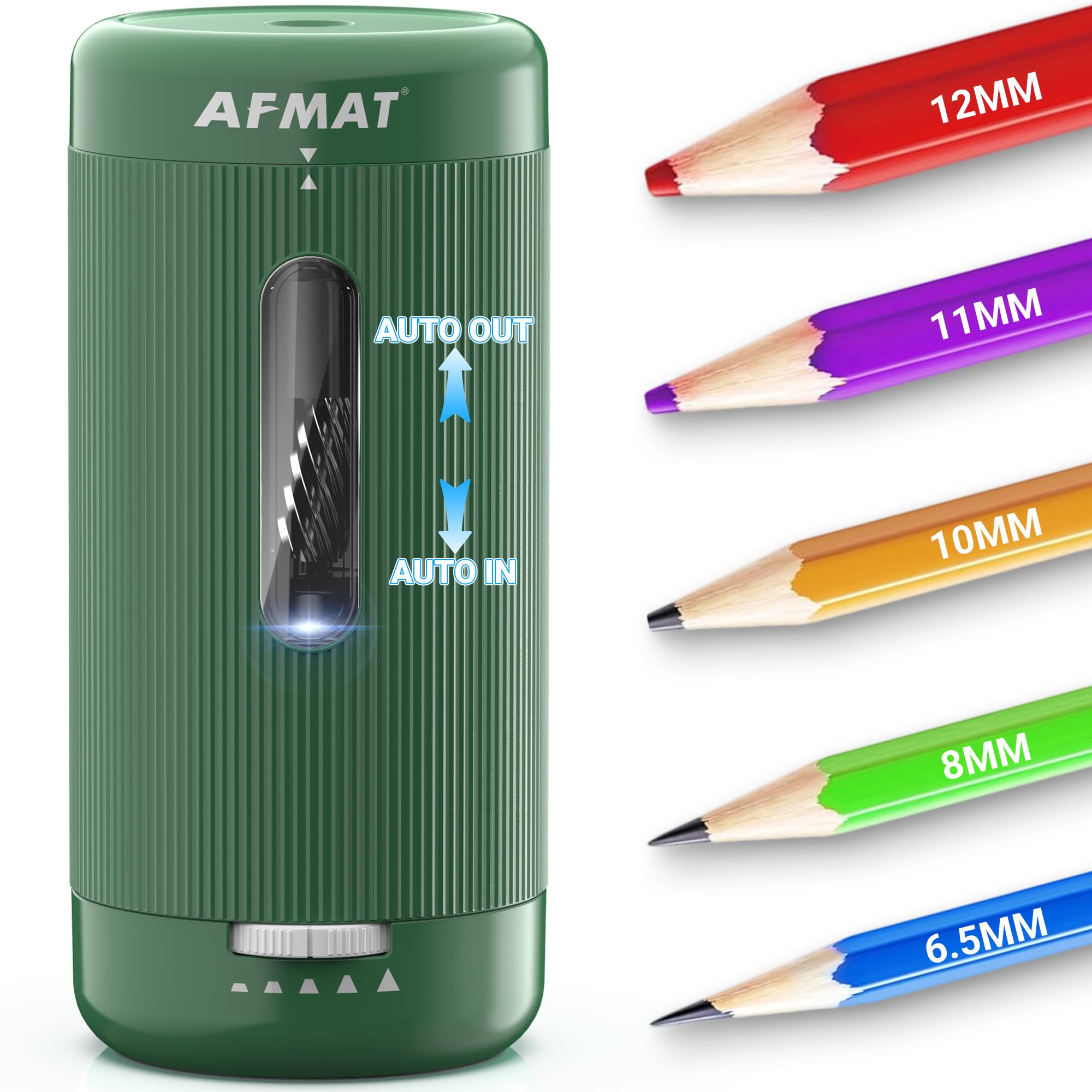 AFMAT Fully Automatic Pencil Sharpener with Container Children, Rechargeable Electric Sharpener USB, Sharpener Thick Pens, 6.5-12 mm, Battery and USB Pencil Sharpener for Education/School/Office