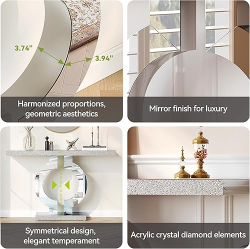 Miniatura 6 de LITTLE TREE Mesa consola con espejo de 43 pulgadas con base en forma de O, mesa de entrada de vidrio para sala de estar, moderna mesa de sofá