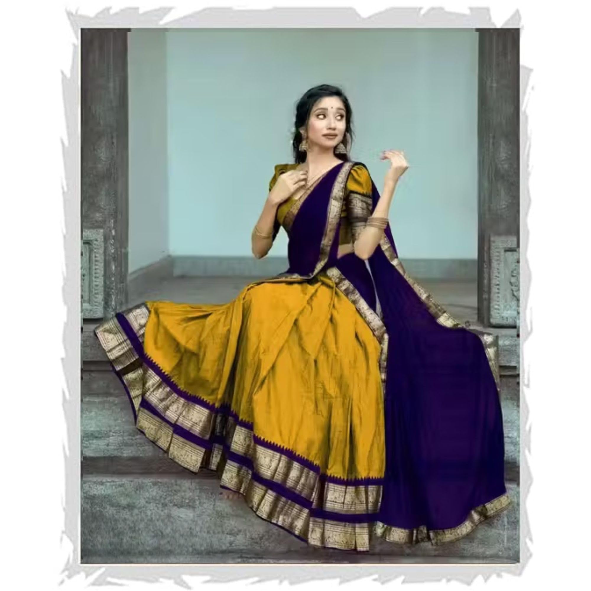 Gold Yellow Color With Navy Blue Dupatta South Indian Style Semi-Stich Traditional Lehenga Choli For Women Half Saree-image-13