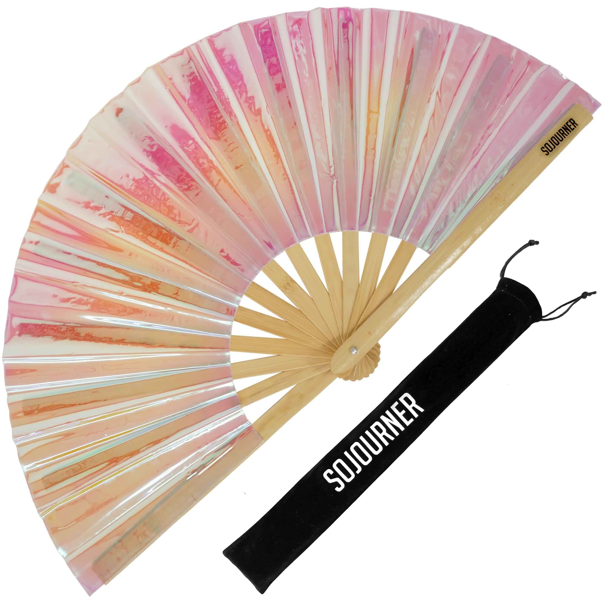 SoJourner Folding Rave Fan, Holographic Pink Reflective folding fan for festivals, raves and concerts with sturdy frame and oversized cooling surface.