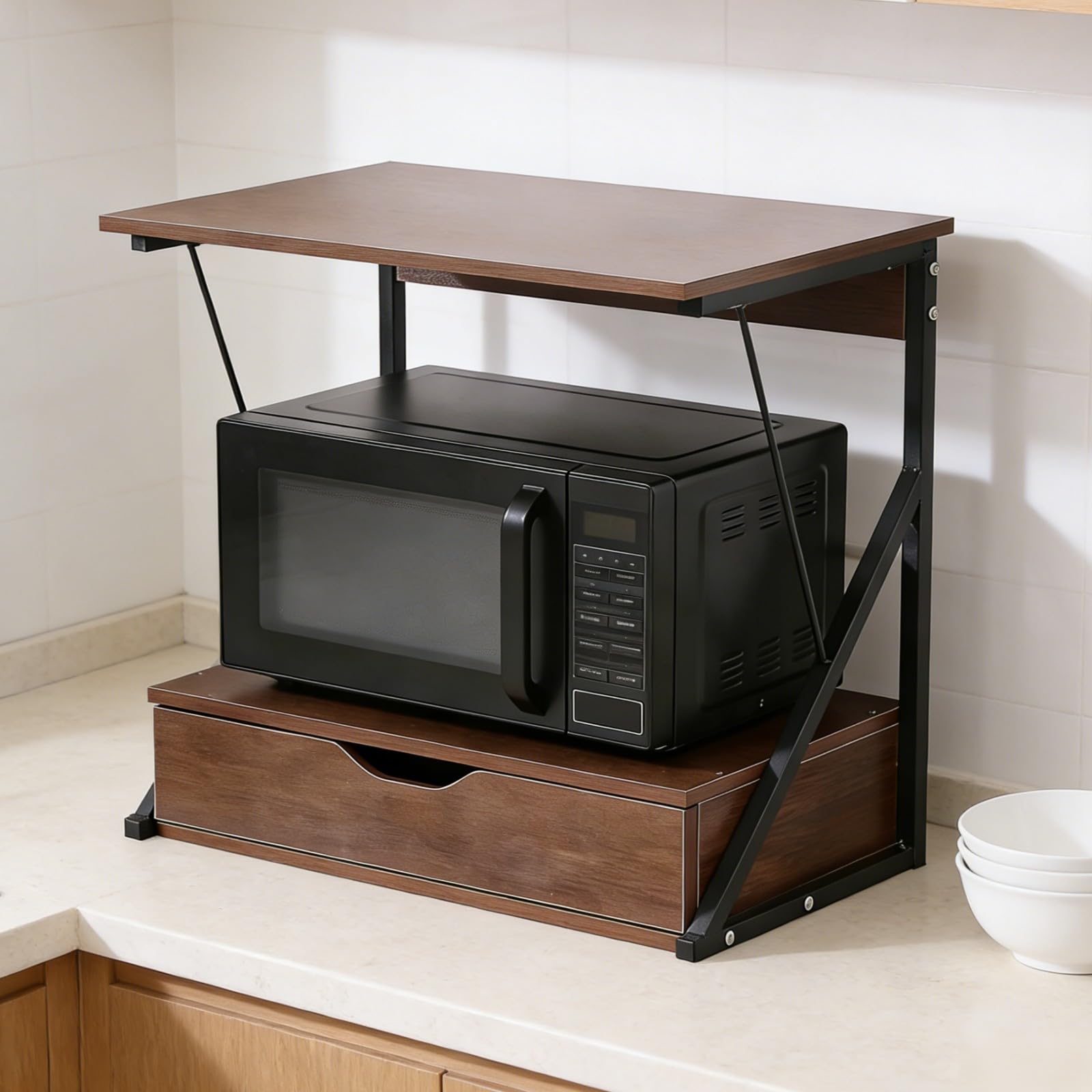 Mikrowellenregal mit Schublade, 2-stufiges Küchenregal aus Holz & Metall, Stabiler Küchenorganizer für Arbeitsplatte, Ablage für Mikrowelle, Toaster & Küchengeräte (Eiche/Schublade)