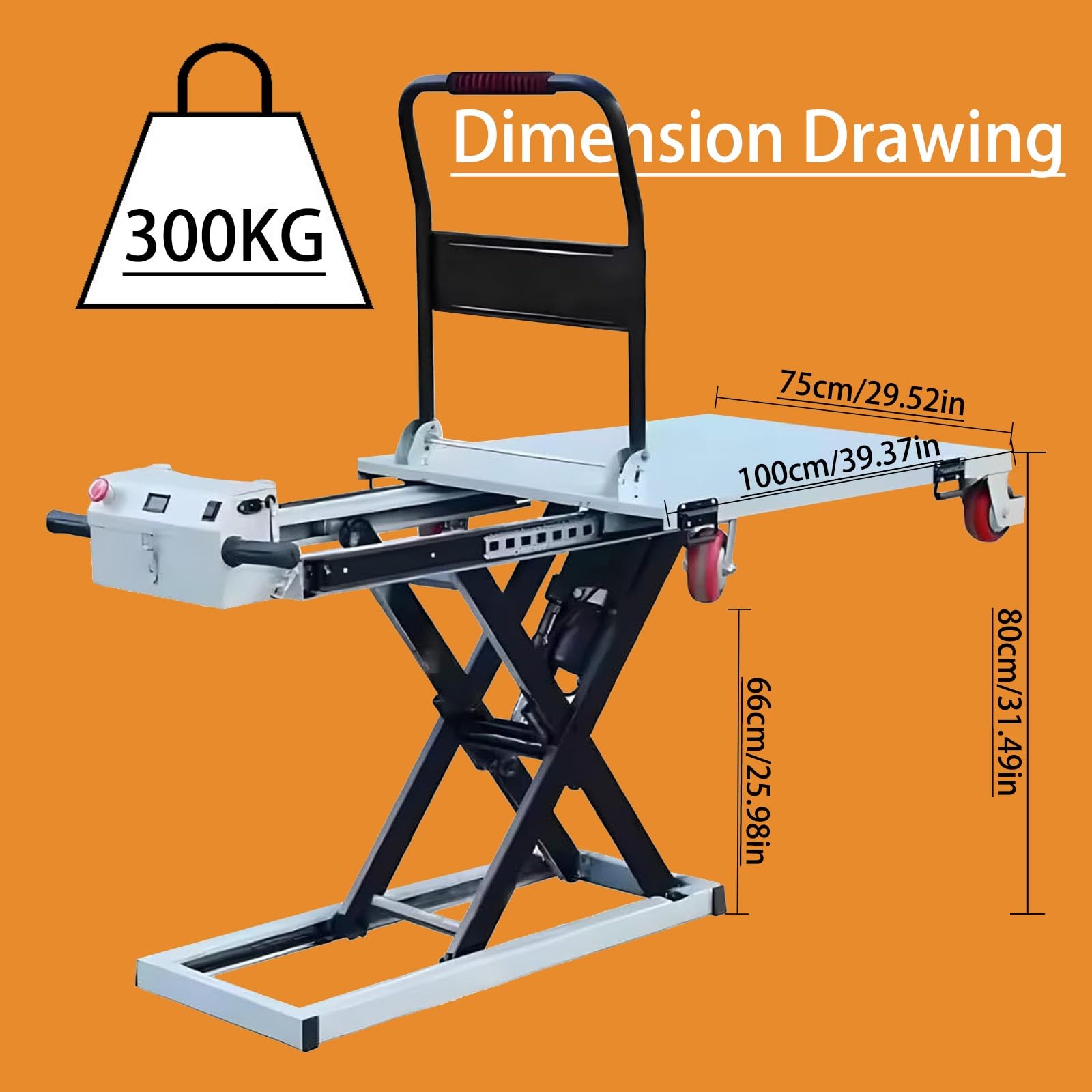 Carrello elevatore a Forbice elettroidraulico - Portata 300 kg con 4 Ruote per Magazzino, transpallet e movimentazione Materiali, Acciaio Inossidabile, 115x75 cm (Carbon Steel 155x75cm)