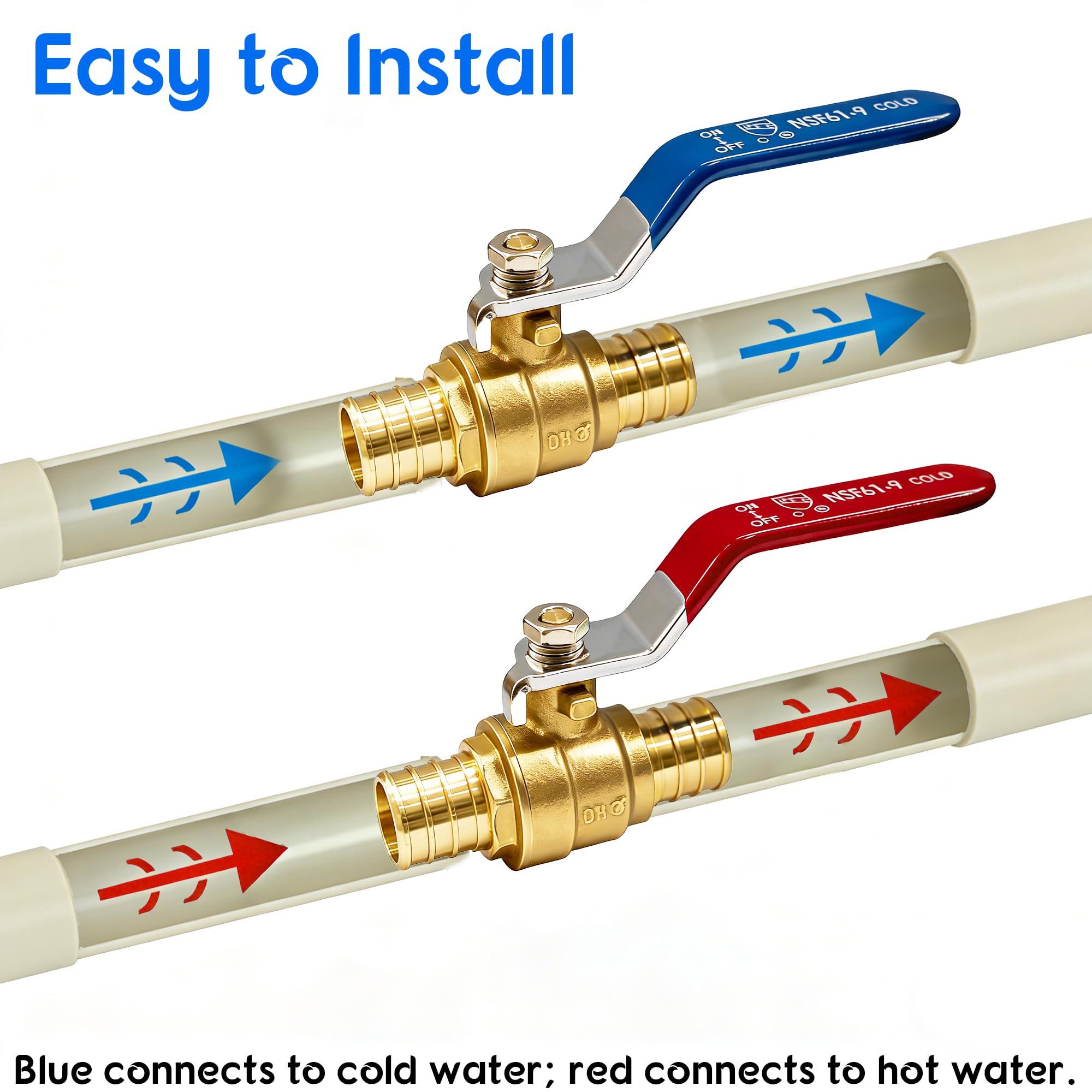 Hourleey 10 válvulas de bola de latón Pex de 3/4 pulgadas con puerto completo caliente y frío, cuarto de vuelta caliente (rojo) frío (azul) de latón con parada de agua, 1 pieza cada una