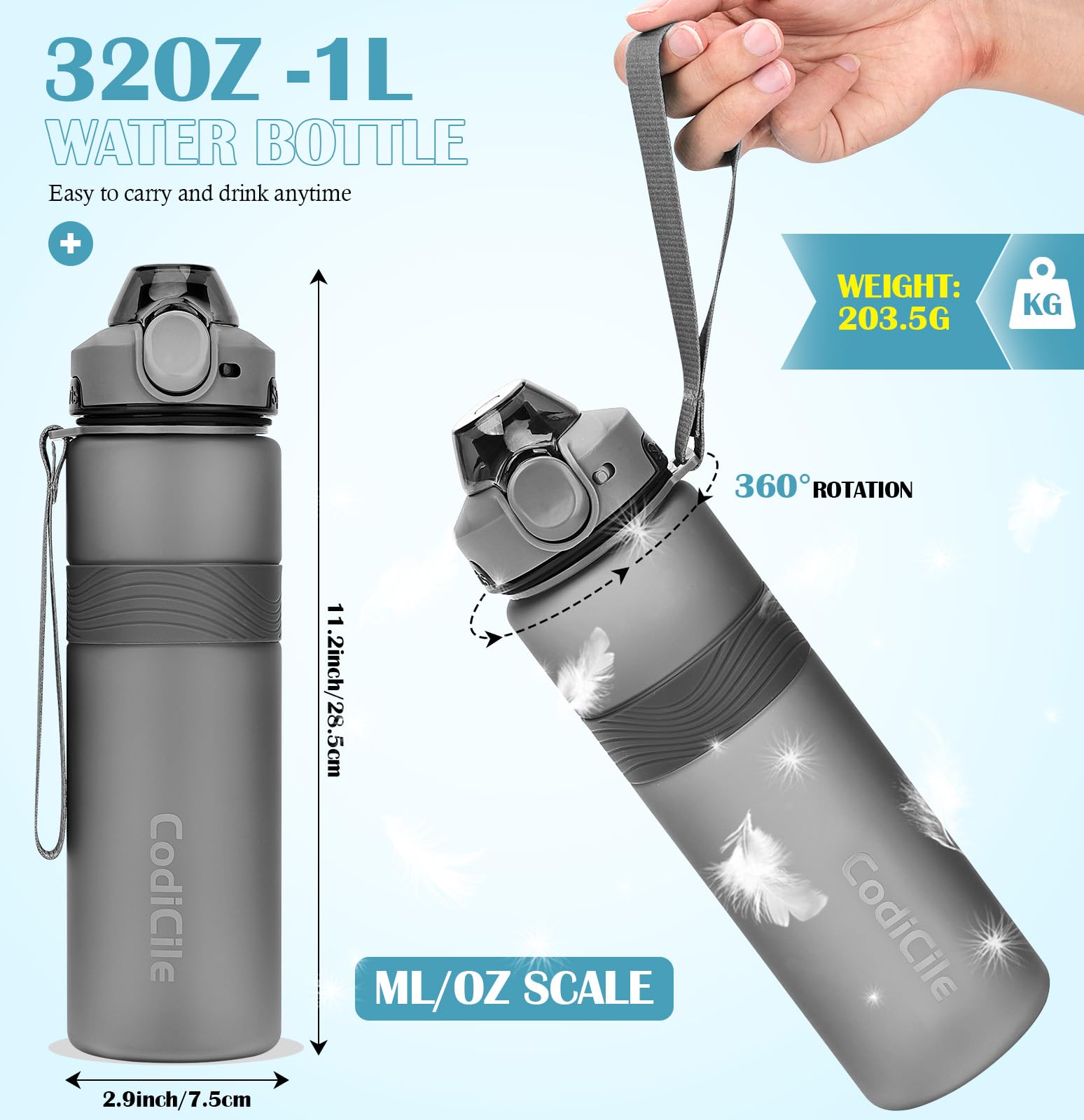CodiCile Botella Agua, Botella de Agua Deportiva sin BPA, Botella Gimnasio a prueba de fugas, Botella agua 1 litro ideal para gym, escuela, oficina y viajes (Gris oscuro)