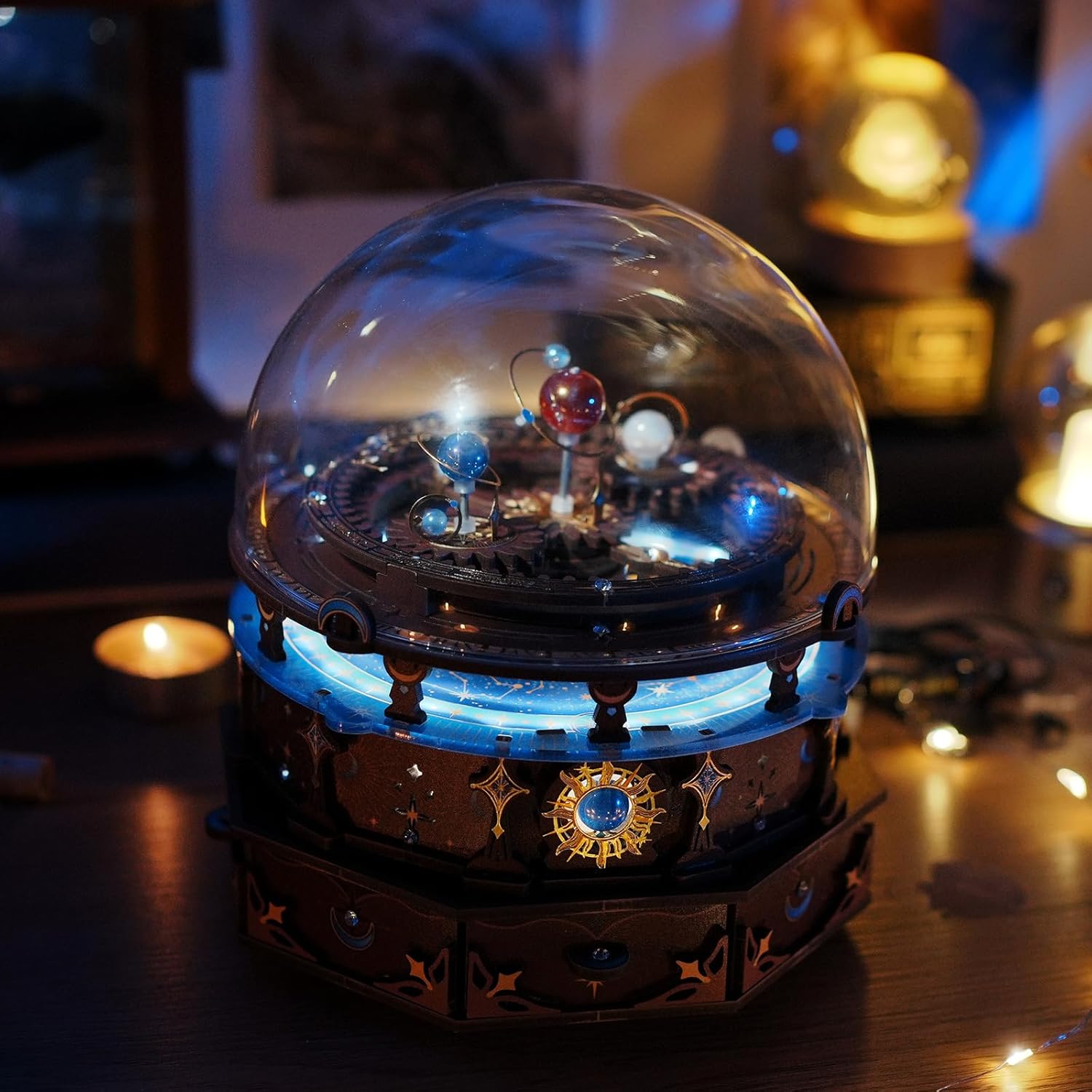 MU 3D Wooden Puzzles The Planisphere Rotating World Globe Puzzles Llluminated Led Light Craft Work, USB Rechargeable DIY Assembly Building Kit for Adults, Music Box DIY Set Birthday Gifts Home Decor