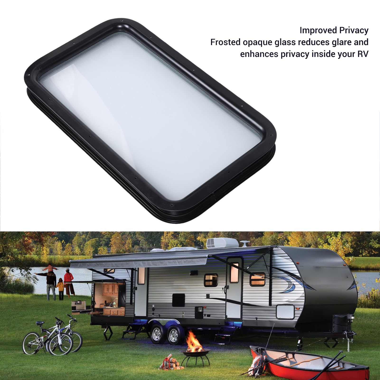 Fockety Fenêtre de Porte d'entrée pour VR (12 po L x 21 po H) avec Cadre Noir, Verre Opaque dépoli, Remplacement de fenêtre pour Caravane, remorque de Voyage ou Camping-Car