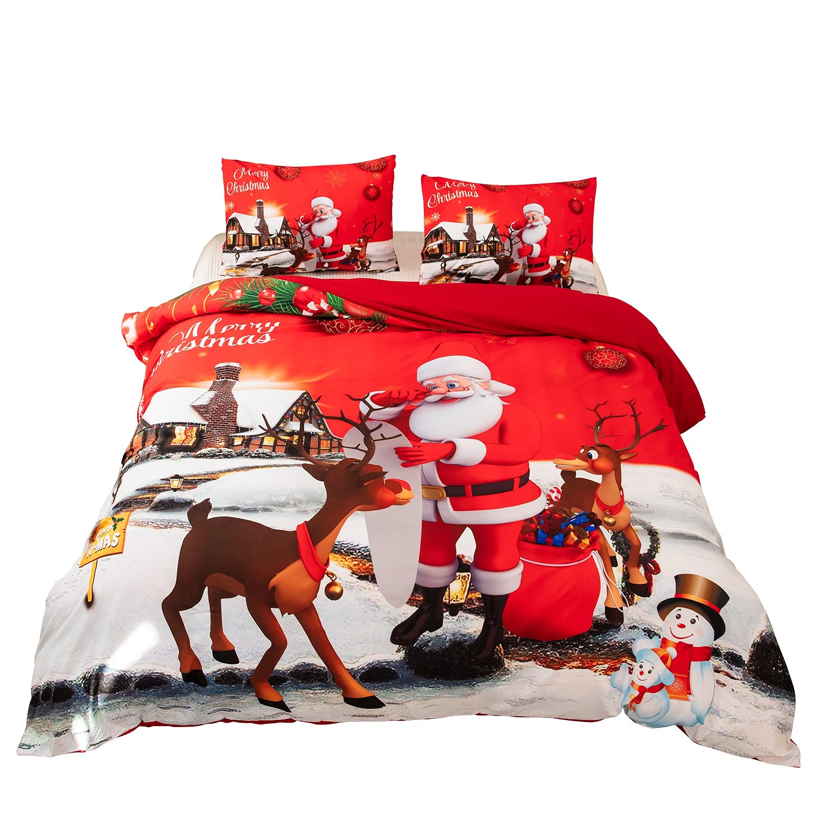 Mecerock Christmas Duvet Cover,Santa Claus and Christmas Deer Pattern Design Christmas Duvet Cover Set,Christmas Bedding Sets,Soft Bedding Sets Queen with 2 Pillowcases