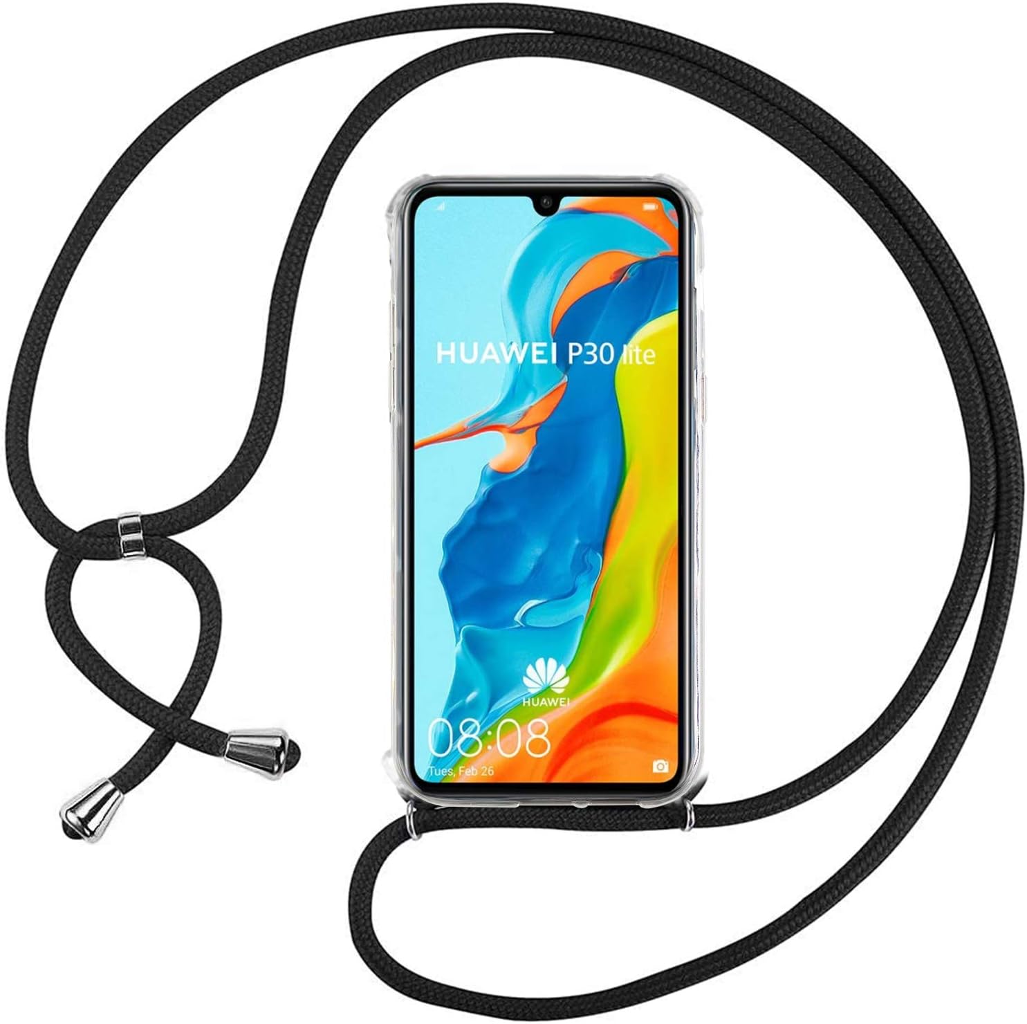 Ingen Funda con Cuerda para Huawei P30 Lite - Carcasa Transparente TPU Suave Silicona Case con Colgante - Negro
