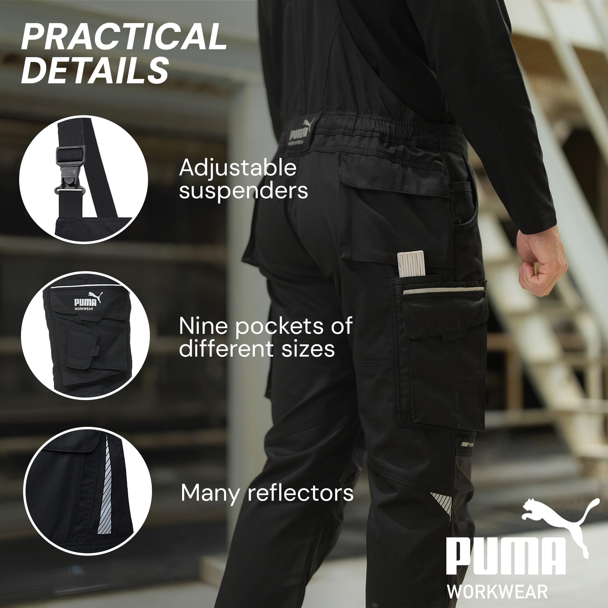 PUMA Workwear Premium ogrodniczki z wieloma kieszeniami i dodatkowo wzmocnioną tkaniną nylonową