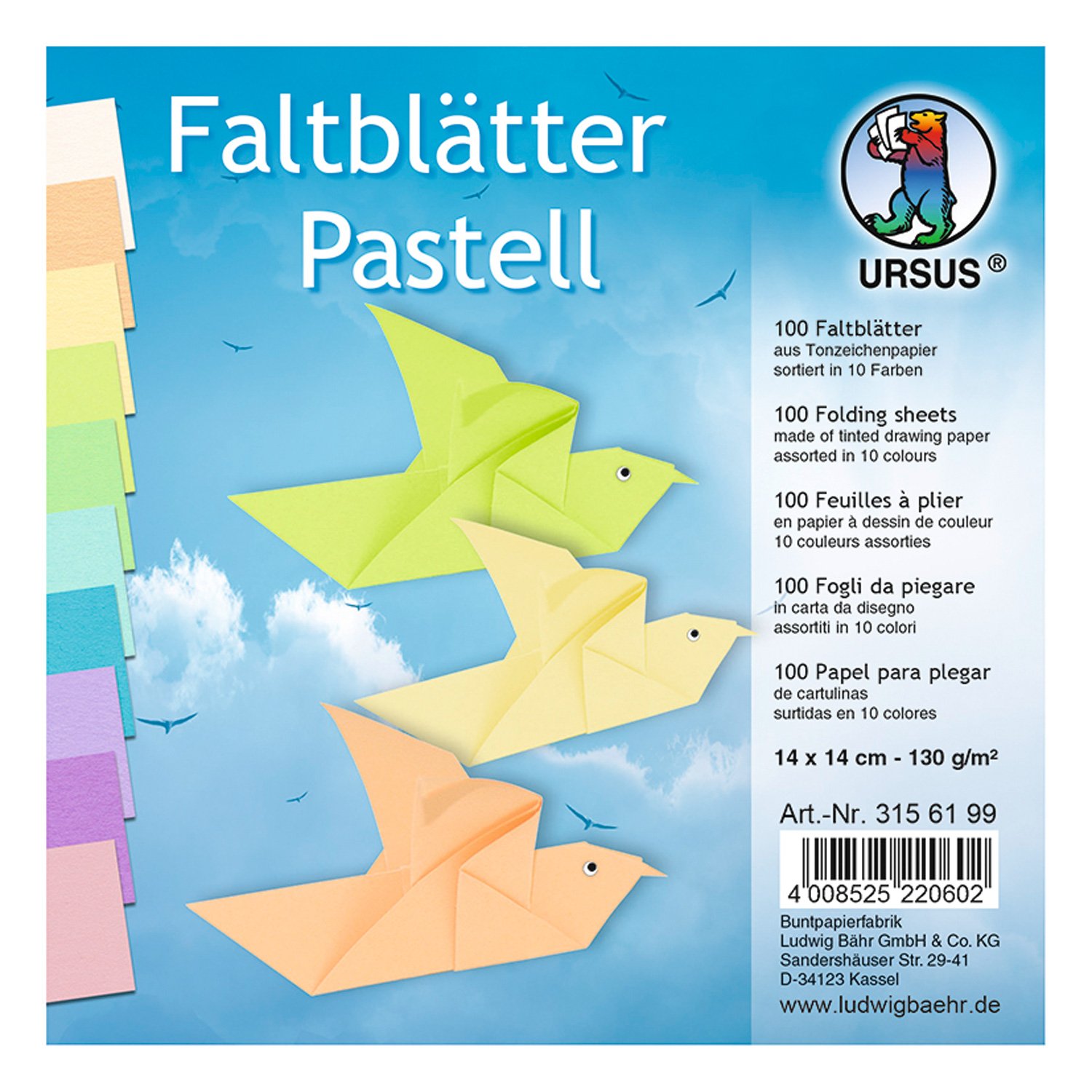 Ursus 3156199 Folding Sheets Pastel Approx. 14 x 14 cm 130 g/m² 100 Sheets in 10 Made of Coloured Drawing Paper Coloured Through Ideal Base for Versatile Crafts