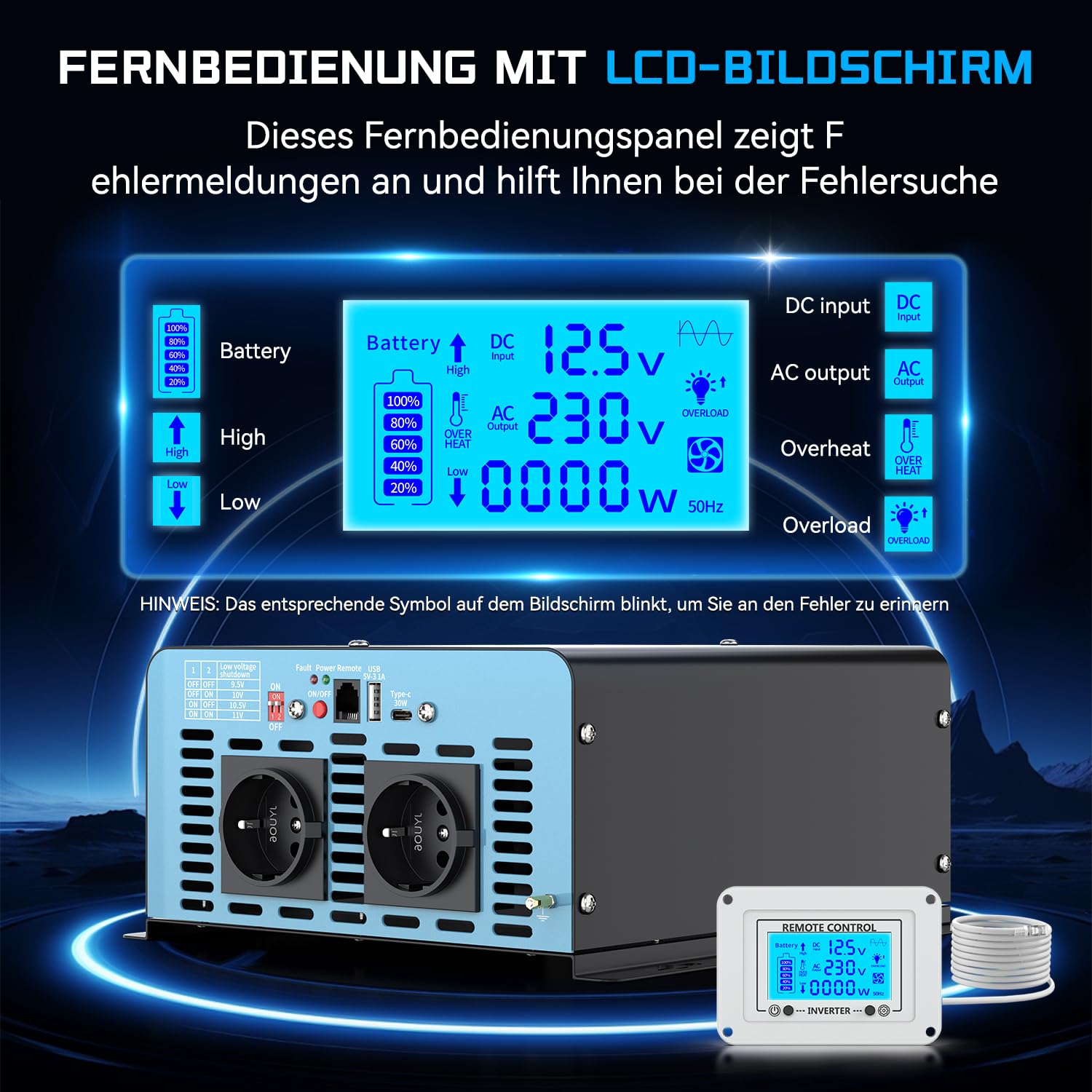 Przetwornica napięcia 1500 W, 12 V na 230 V, czysta sinusoidalna przetwornica napięcia z pilotem LCD – 2 x gniazda AC, USB i typ C – idealny do przyczep kempingowych, na kemping, łódź i w przypadku