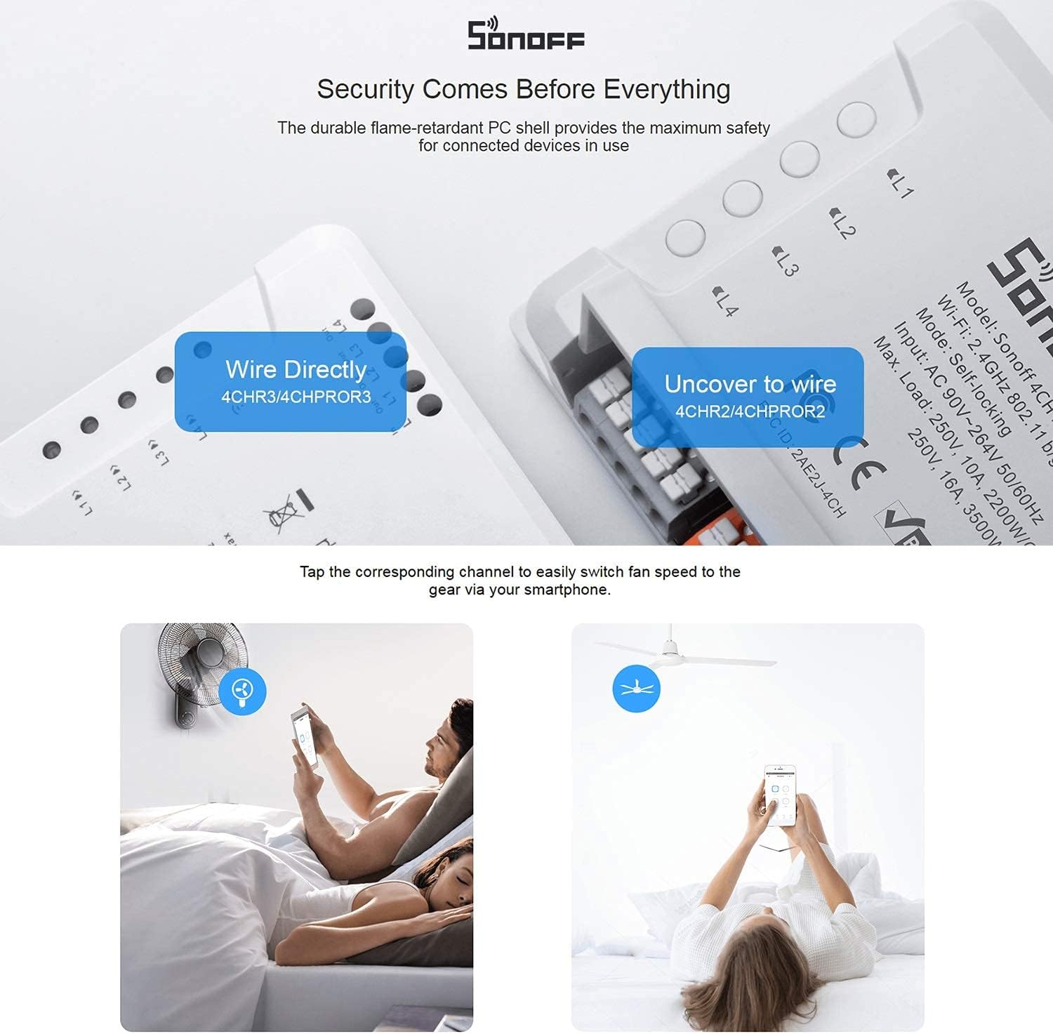SONOFF 4CH PRO R3 wiring diagram showing direct wire connection