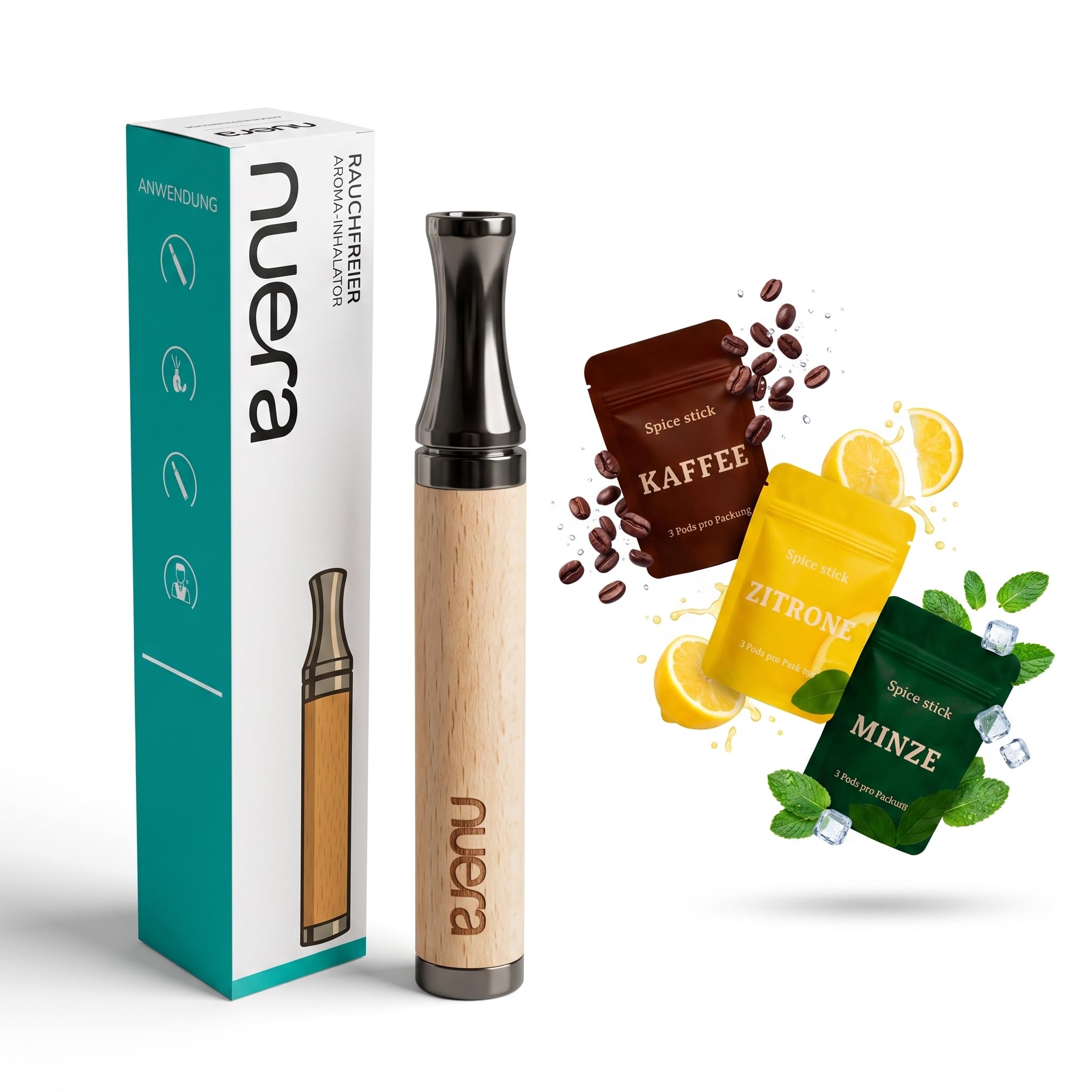 Nuera Rauchstopp-Set I Aroma-Inhalator ohne Nikotin zur Rauchentwöhnung I Nichtraucher Hilfsmittel mit vertrautem Zuggefühl I Zigarettenersatz für die Hand I Stick + 3 Sorten (Kaffee, Zitrone, Minze)