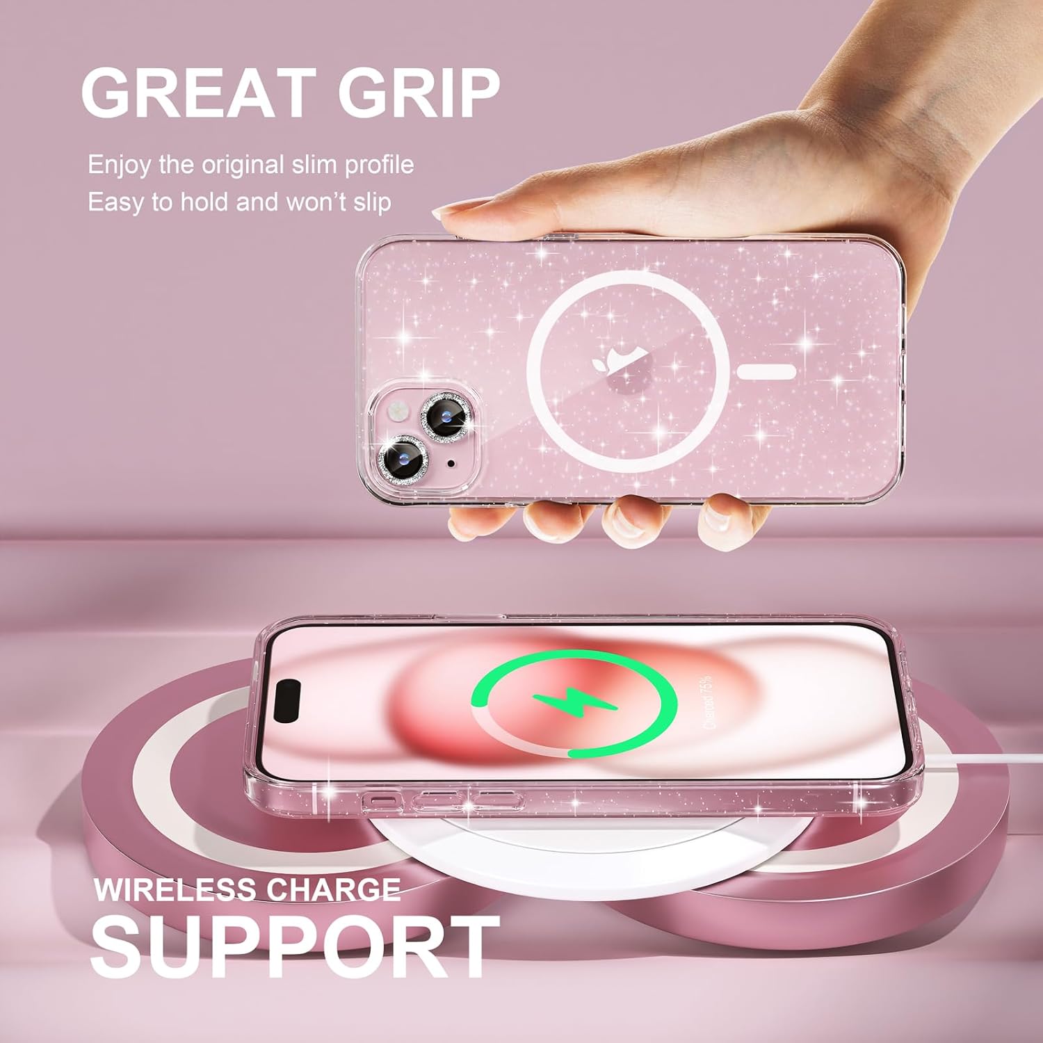 Choiche Compatible for iPhone 15 Case Magnetic, Women Clear Glitter Bling Sparkly Case, [2xDiamond Camera Lens Protectors] [2xTempered Glass Screen Protectors] [Compatible MagSafe] (Glitter Clear) - Image 6