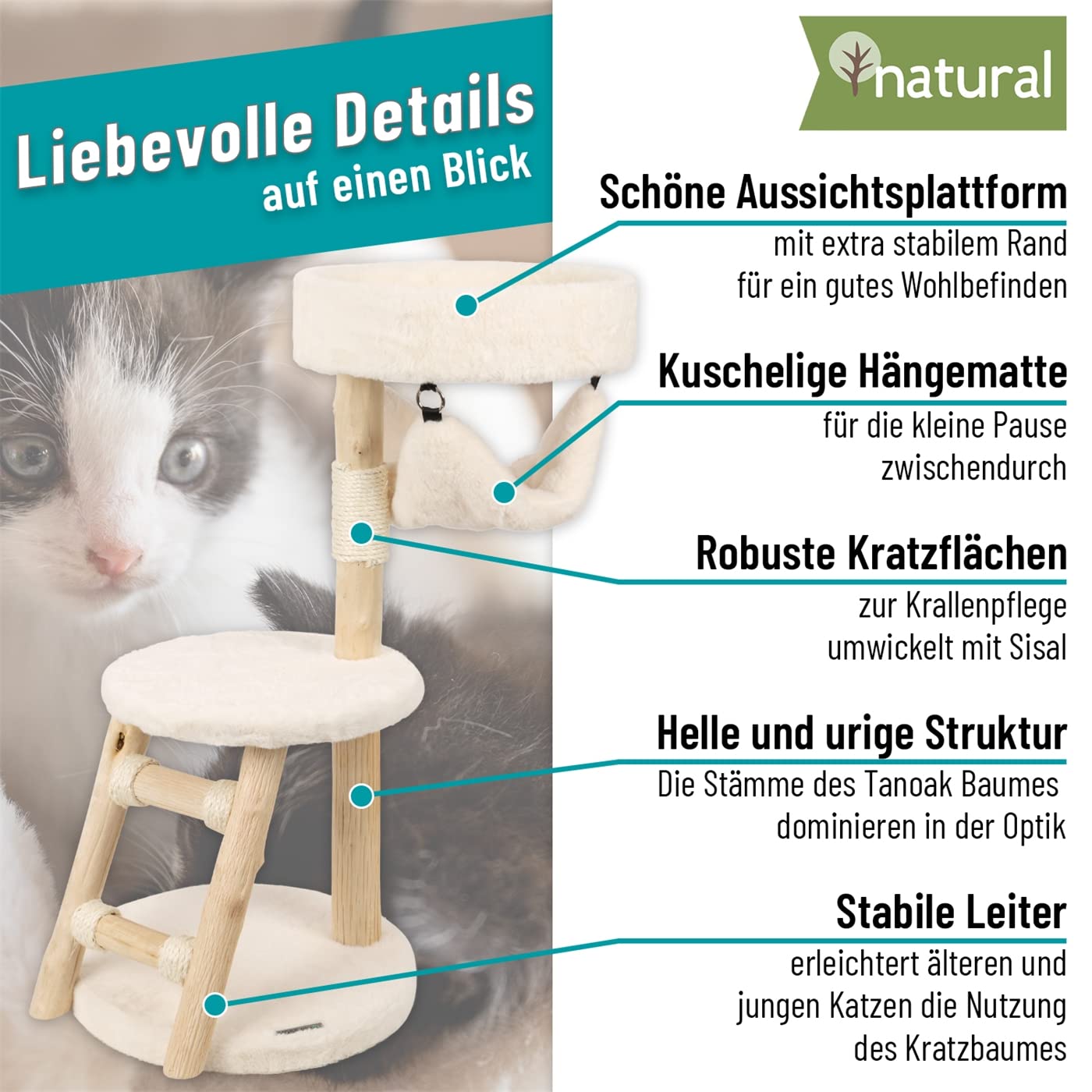 VOSS.PET Kratzbaum Bany 82cm  Premium Katzenbaum Mit Echtholz Vom Tanoak  Baum, Natrlicher Kletterbaum Mit Leiter & Hngematte