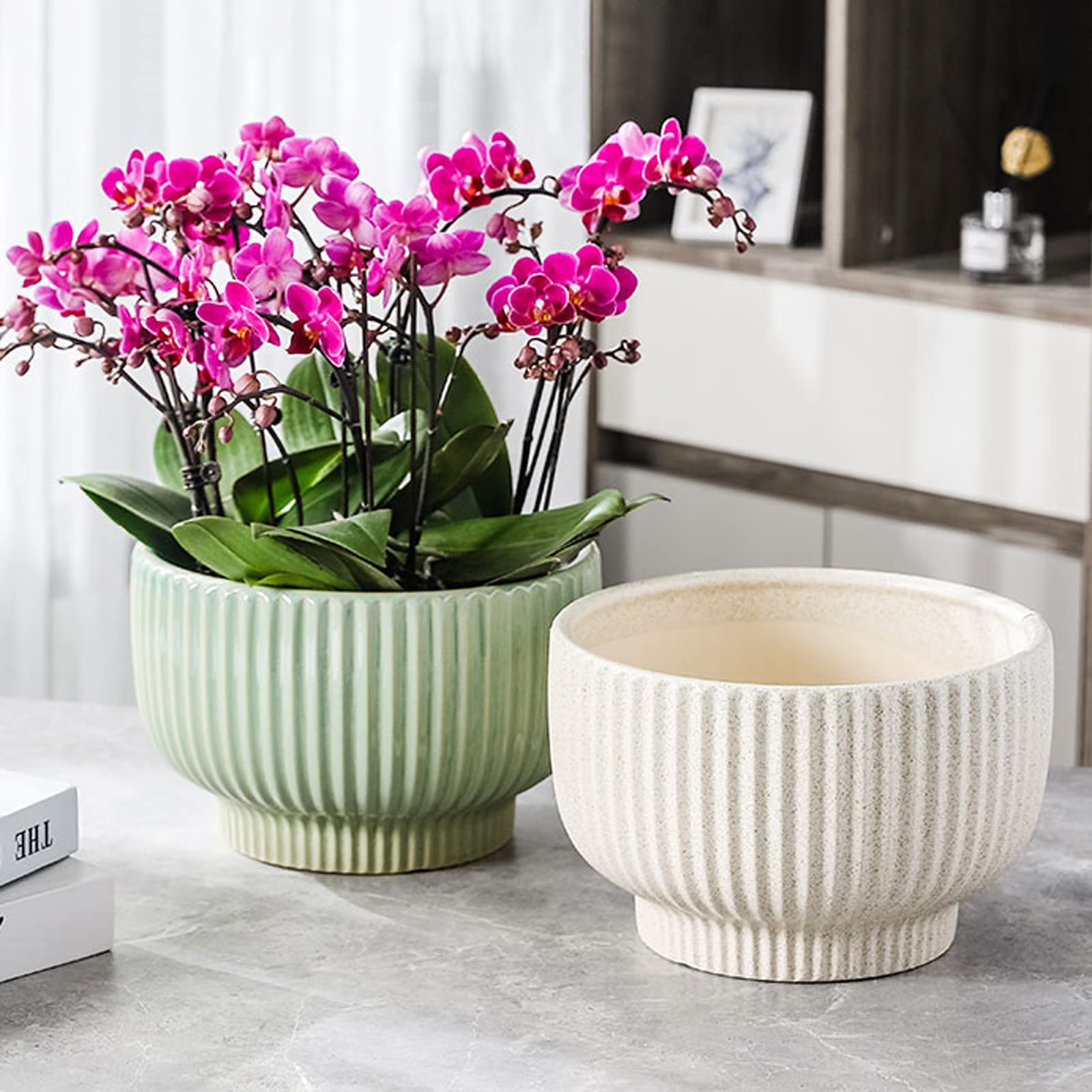 Vasi da Giardino Vasi per fioriere in Ceramica a Strisce per Piante, 9,6" x 9,6" x 6,3" Fioriere succulente con Fori di drenaggio Vaso per Piante da vivaio
