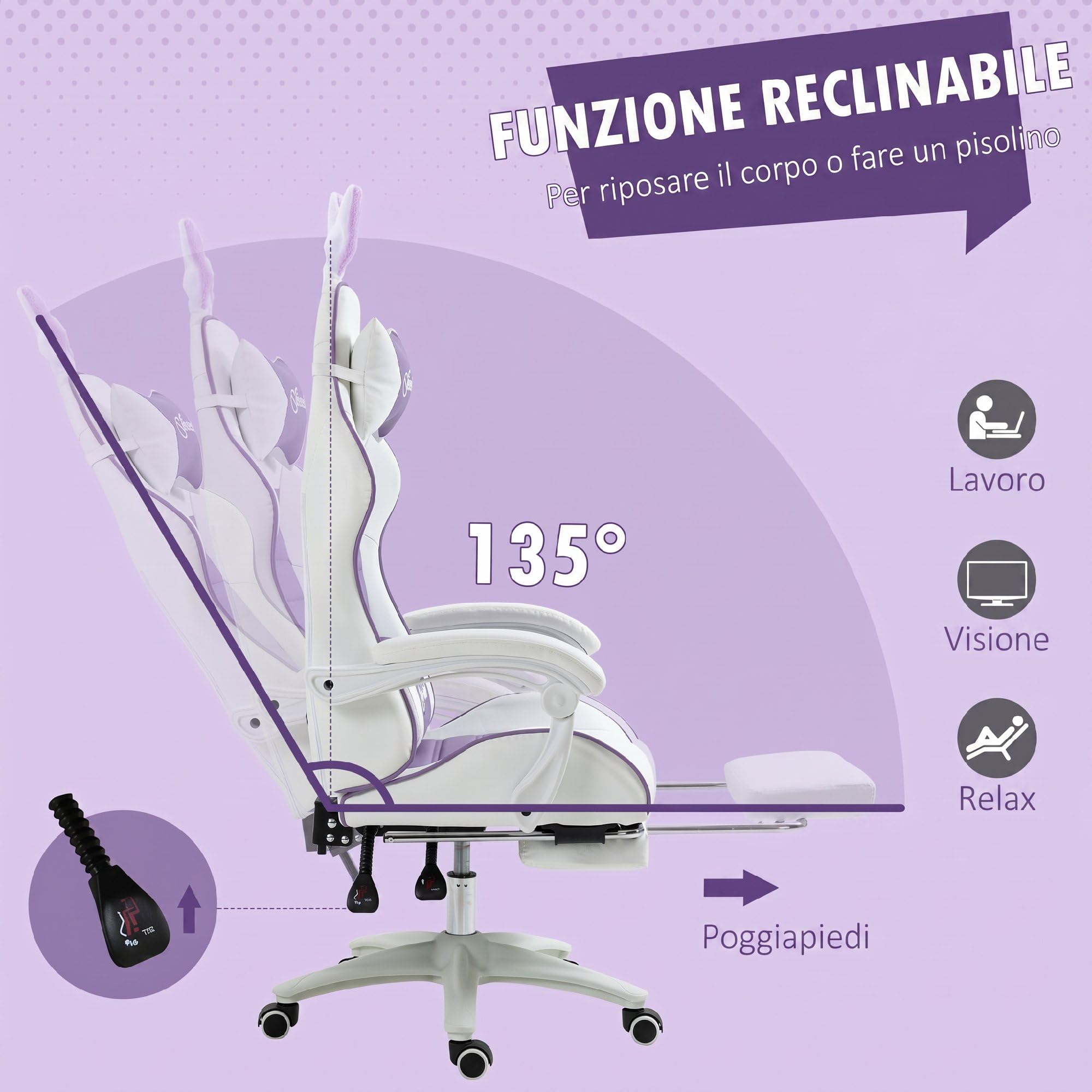 Vinsetto Sedia Gaming Ergonomica Reclinabile con Orecchie da Coniglio Viola | Poltrona Gaming con Poggiapiedi Estraibile, Cuscino Lombare e Poggiatesta, Altezza Regolabile