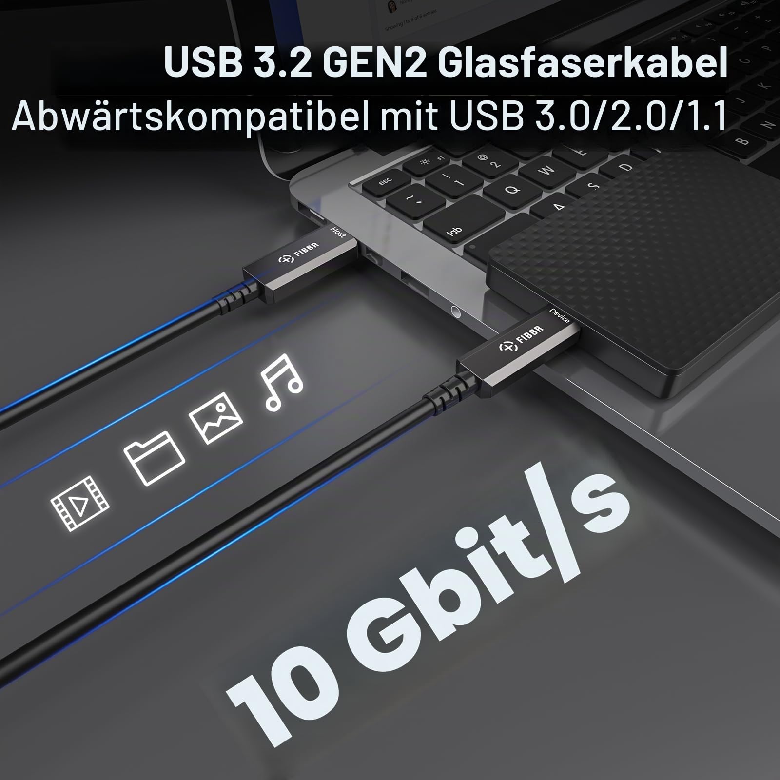 FIBBR USB-Glasfaserkabel 5M, USB A zu USB C Glasfaserkabel, 10Gbps Ferndatenübertragung USB 3.2 AOC für VR/AR, Heimkino, Kamera, Laptop, Minicomputer, Drucker, Videokonferenz