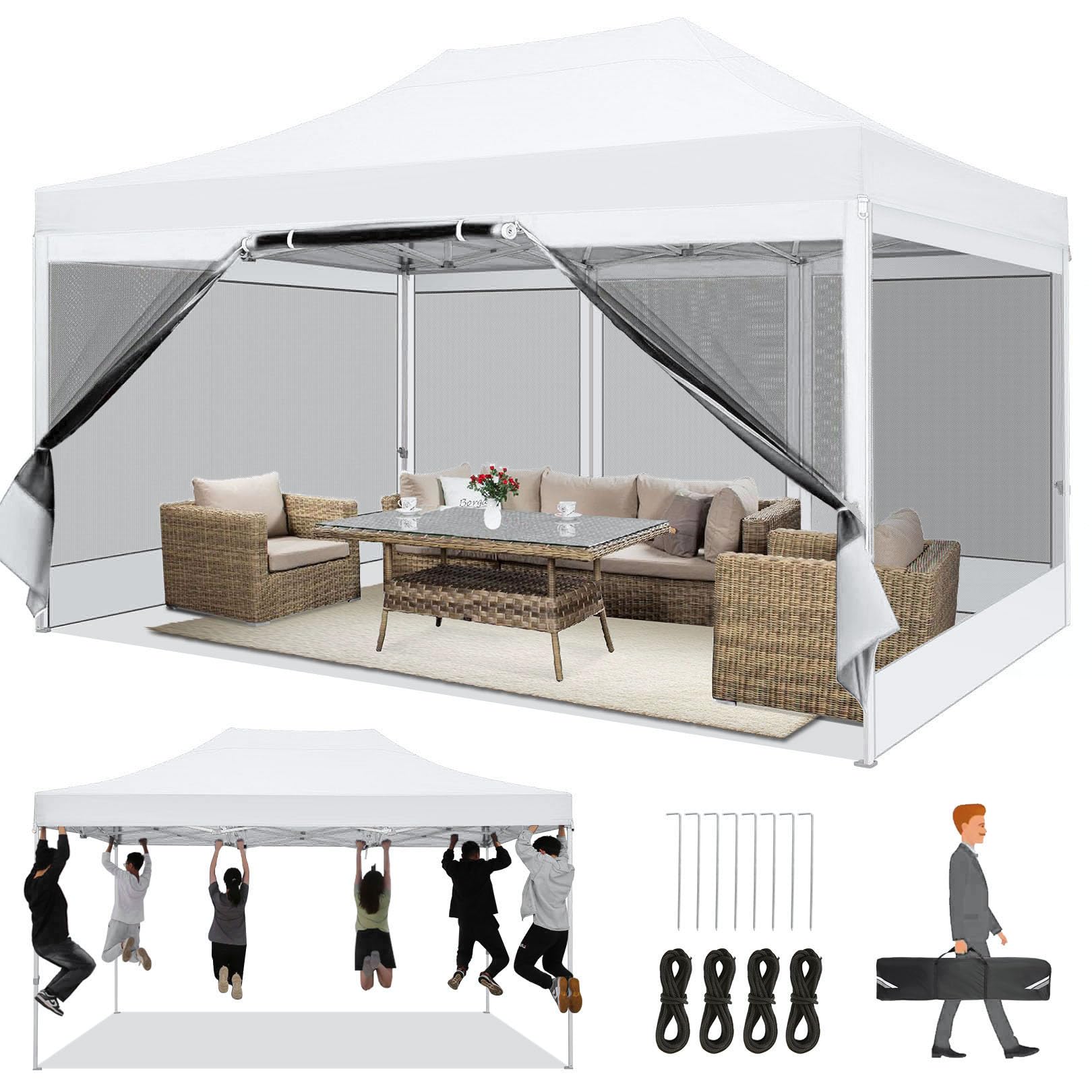 TOOLUCK 10x15 Heavy Duty Pop Up Canopy Tent with 4 Sidewalls, Commercial Gazebo Party Tent with Mosquito Netting Wall Easy Set Up Outdoor Instant Screen Tent for Backyard, Patio, Garden, White