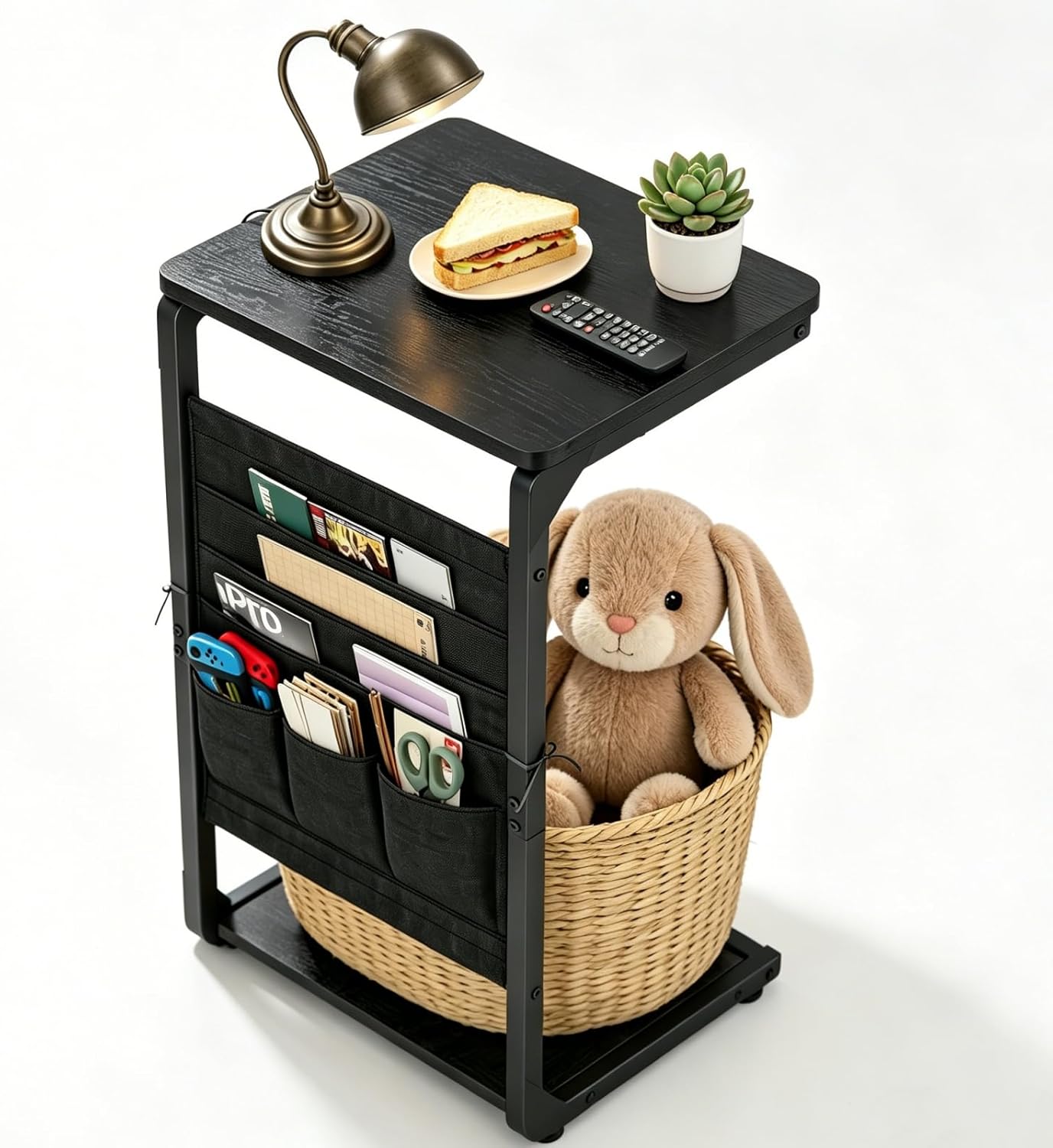 Small End Table with Storage Bag, Night Stand, Couch C Shaped Side Table, Sofa TV Tray Table, Nightstand for Bedroom, Bedside, Living Room ET-P-BKW1