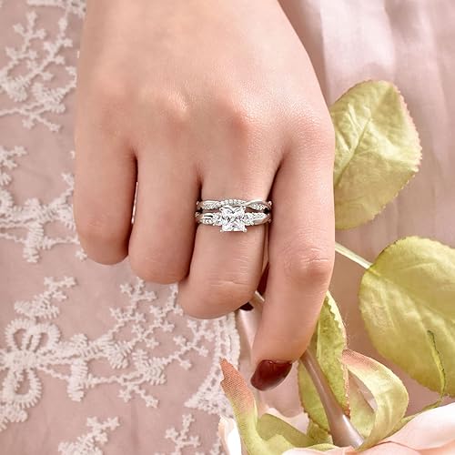 Miniatura 2 de Wuziwen Juego de anillos nupciales de boda de 1 quilate de plata de ley con circonita cúbica princesa AAAAA tamaño 5-10