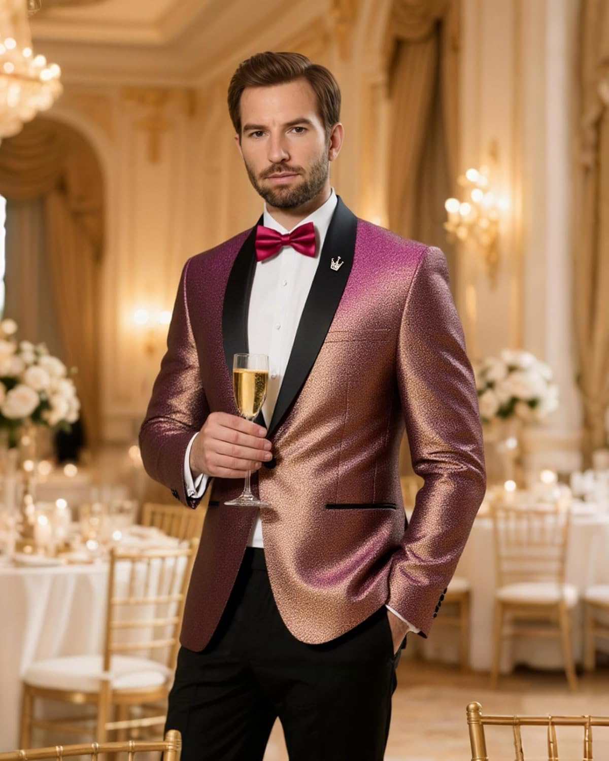 YND Men's Shiny Tuxedo Jacket, Sequin Slim Fit Blazer, One-Button Shawl Lapel Suit for Party, Prom, Wedding, Dinner