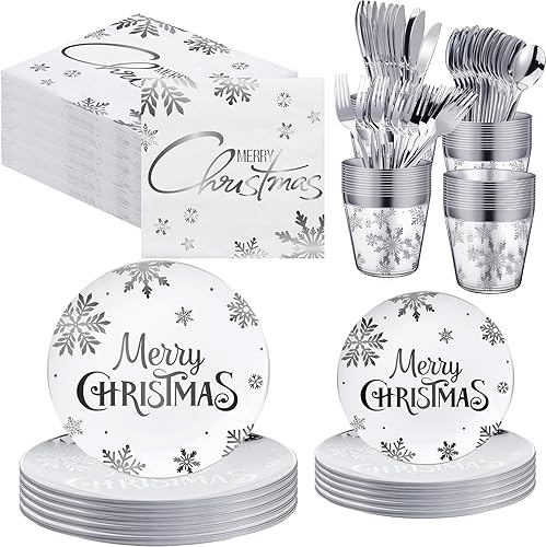 Sliner Juego de 230 platos de plástico desechables de Navidad de 7 y 9 pulgadas, platos plateados de plástico de copo de nieve con servilletas de